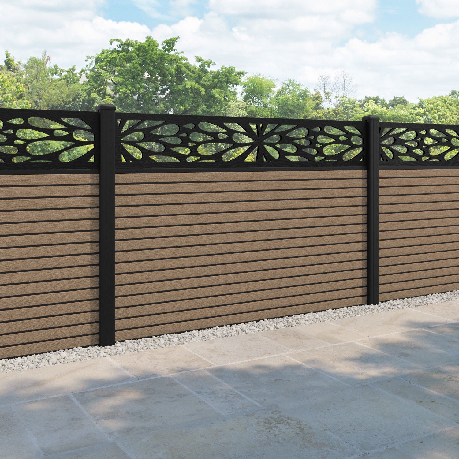 Hudson Blossom Fence Panel - Teak - with our aluminium posts