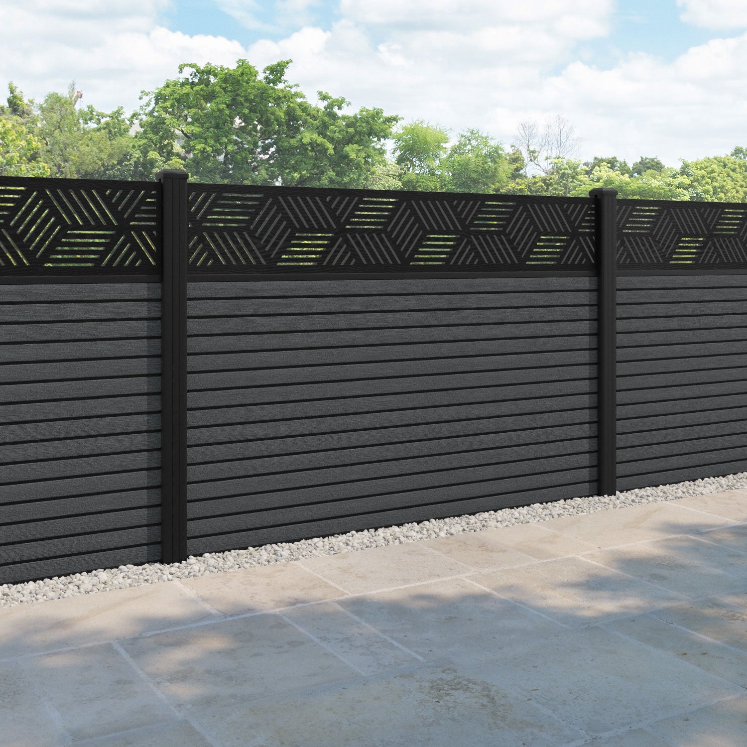 Hudson Cubed Fence Panel - Dark Grey - with our aluminium posts