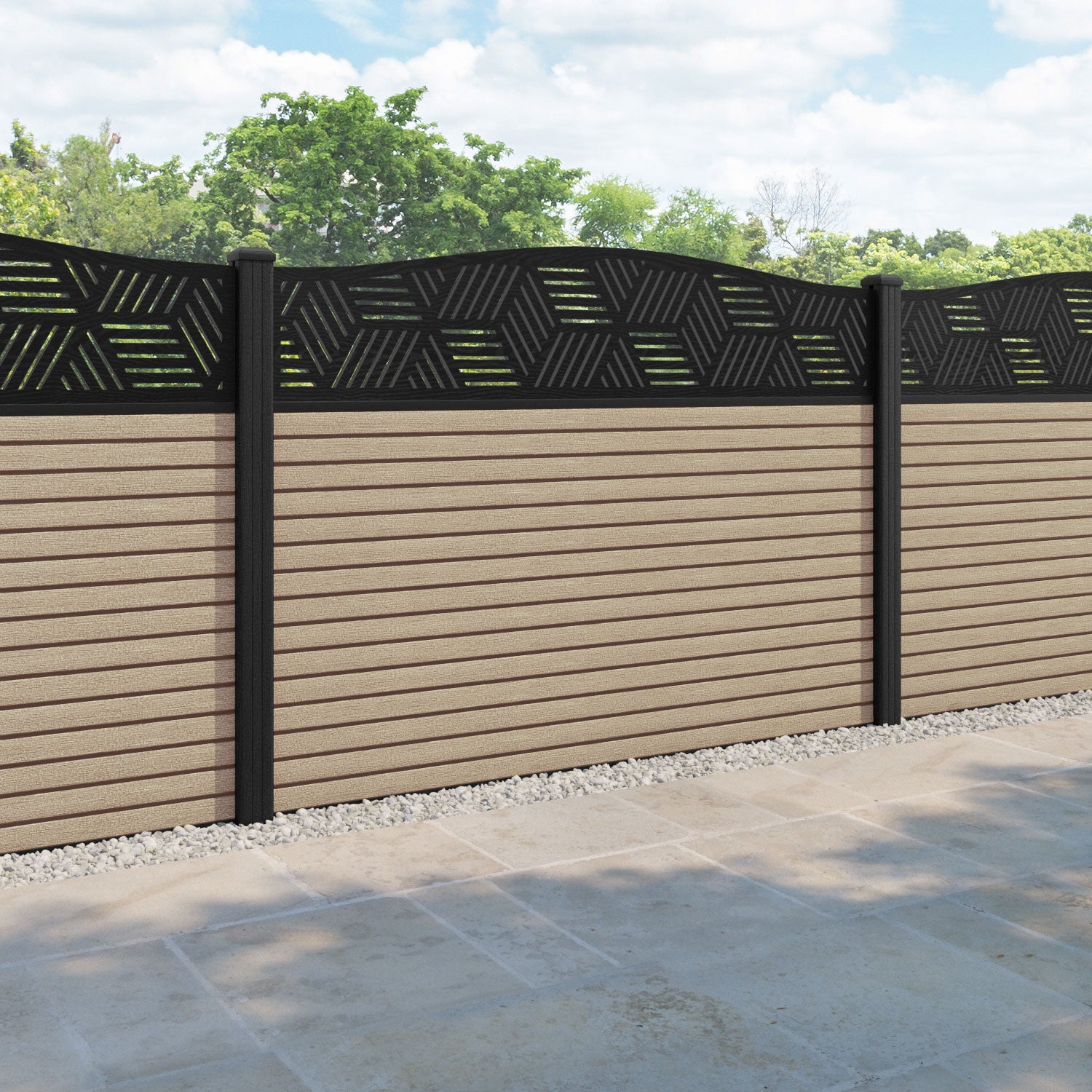 Hudson Cubed Curved Top Fence Panel - Light Oak - with our composite posts