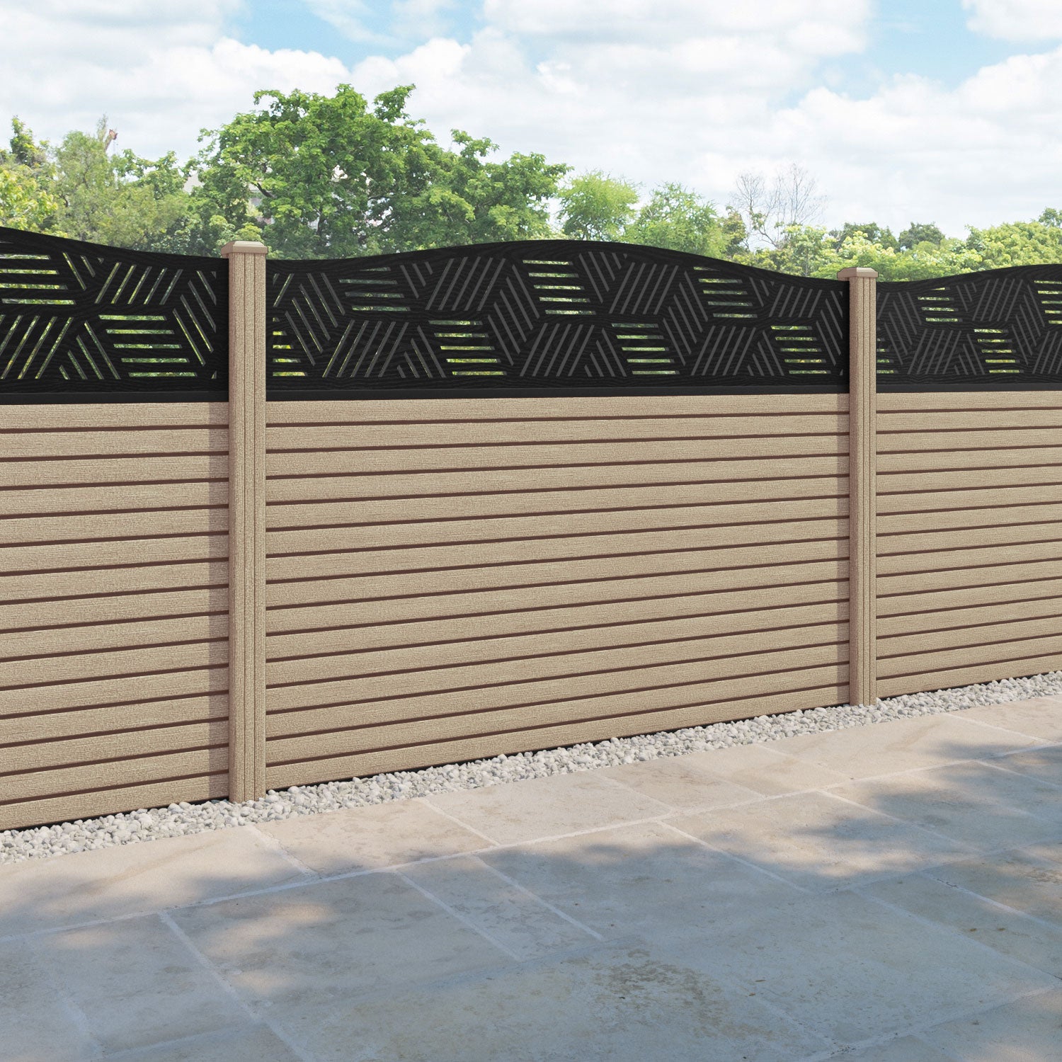 Hudson Cubed Curved Top Fence Panel - Light Oak - with our composite posts