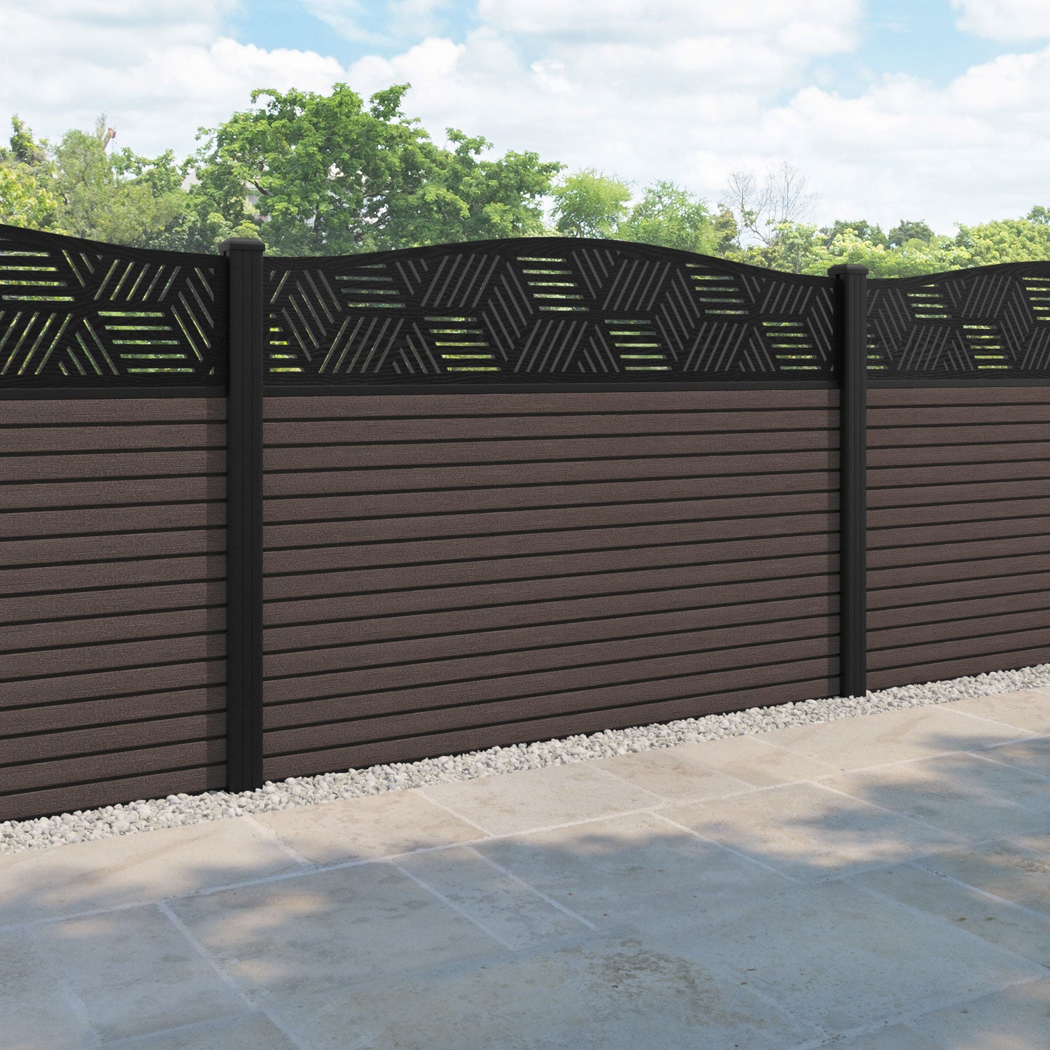 Hudson Cubed Curved Top Fence Panel - Mid Brown - with our aluminium posts