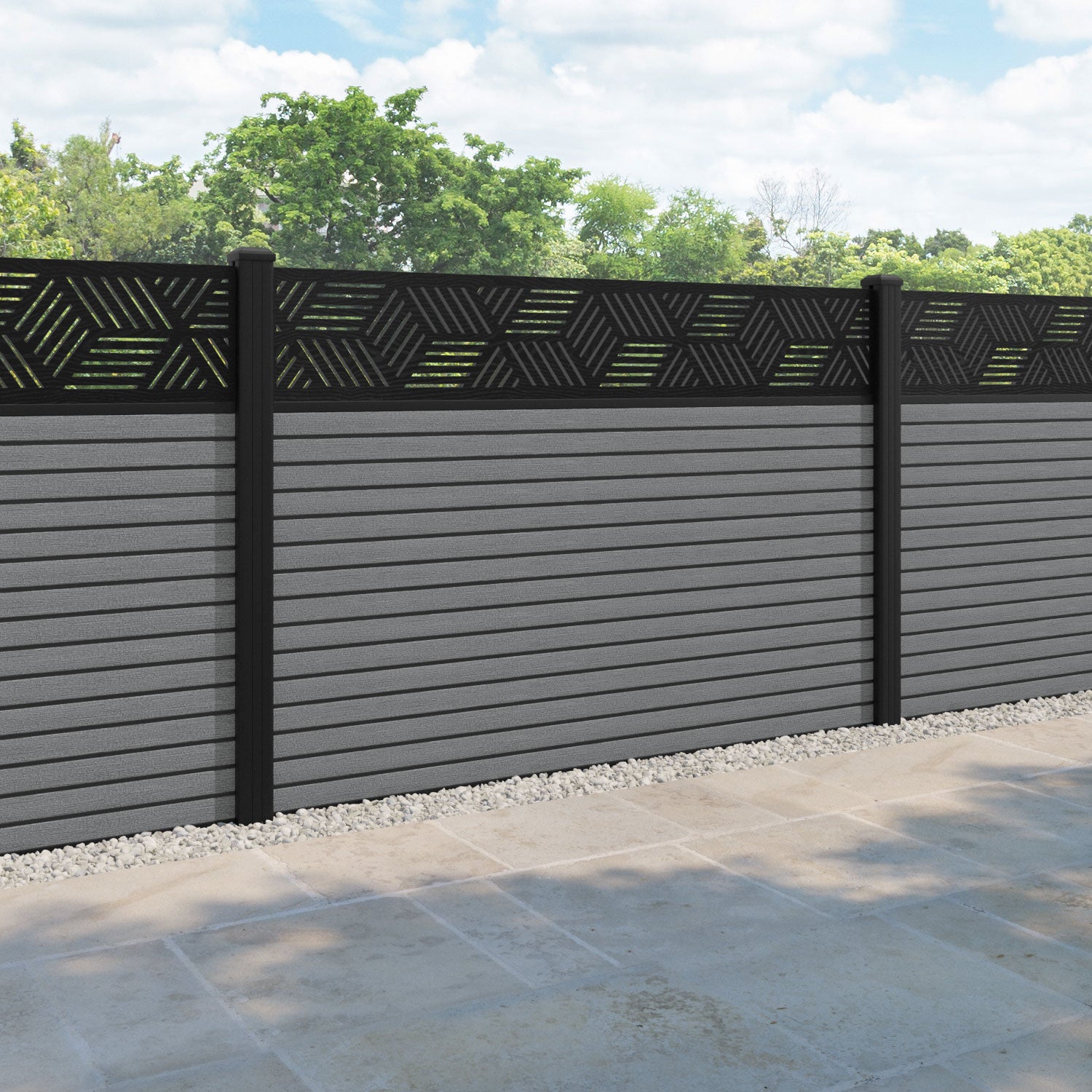 Hudson Cubed Fence Panel - Mid Grey - with our aluminium posts