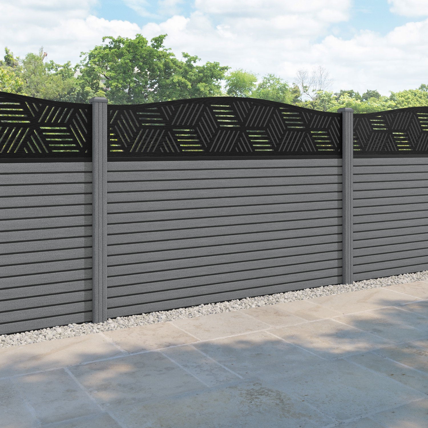 Hudson Cubed Curved Top Fence Panel - Mid Grey - with our composite posts