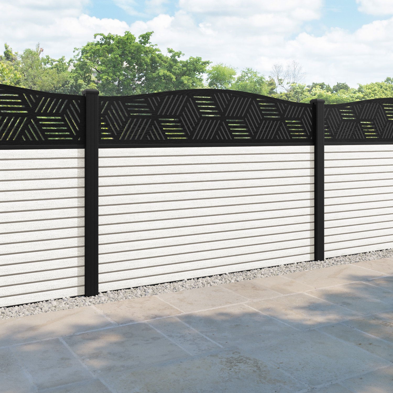 Hudson Cubed Curved Top Fence Panel - Light Stone - with our aluminium posts