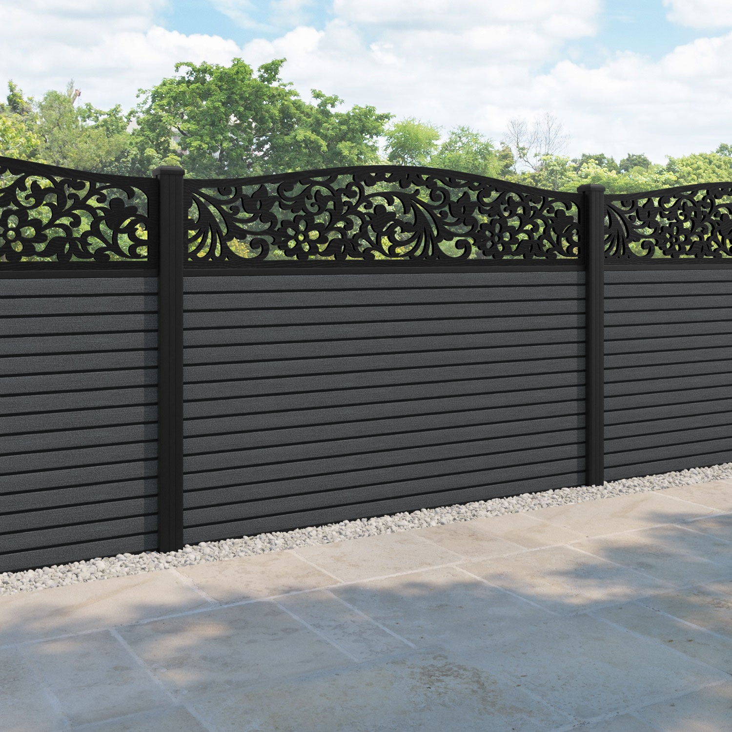 Hudson Eden Curved Top Fence Panel - Dark Grey - with our aluminium posts