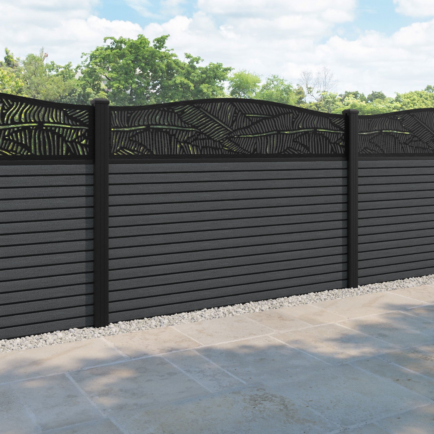 Hudson Feather Curved Top Fence Panel - Dark Grey - with our aluminium posts