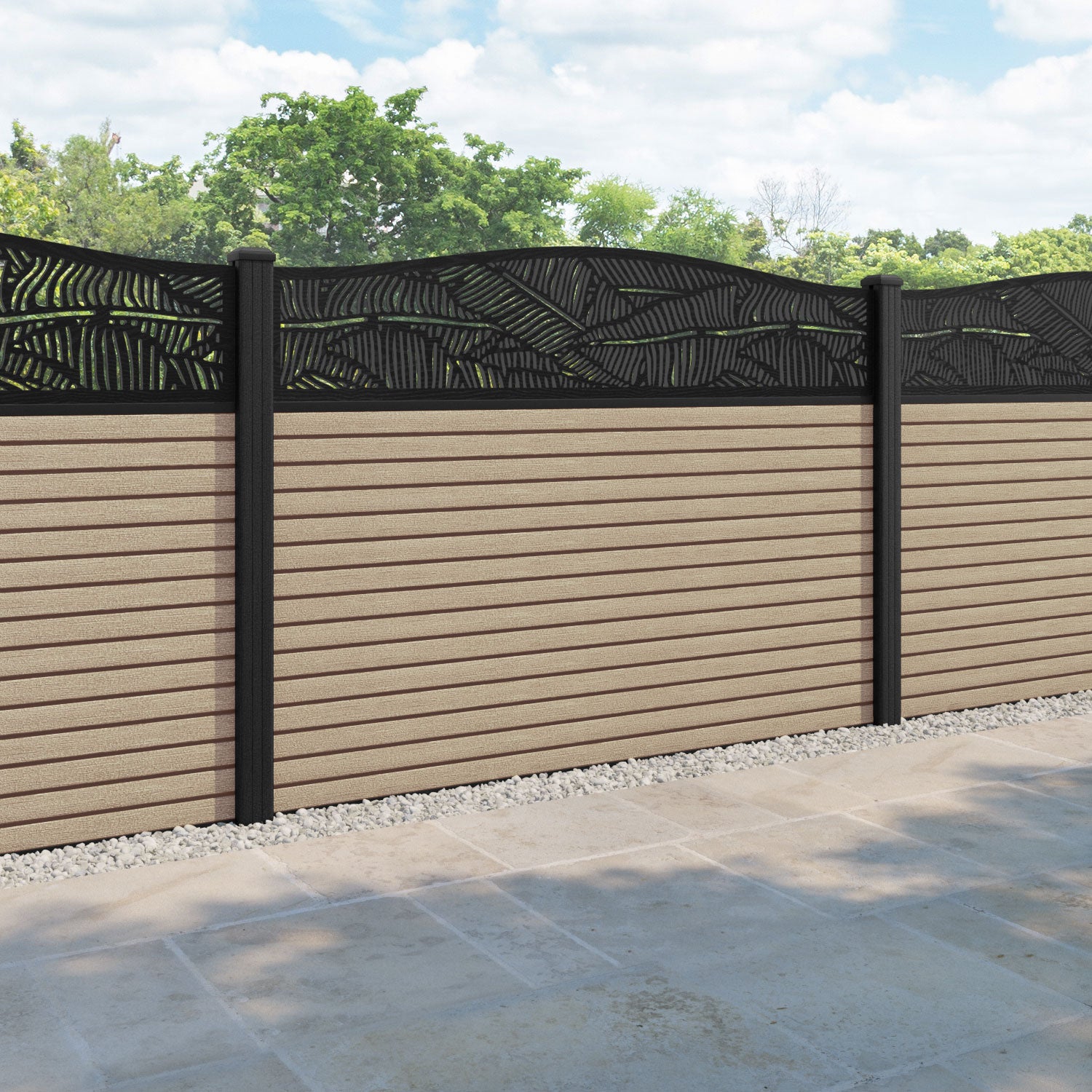 Hudson Feather Curved Top Fence Panel - Light Oak - with our composite posts