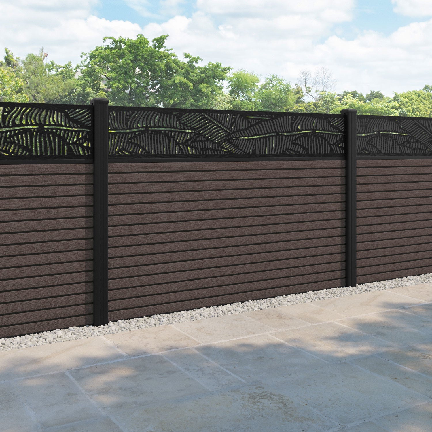 Hudson Feather Fence Panel - Mid Brown - with our aluminium posts
