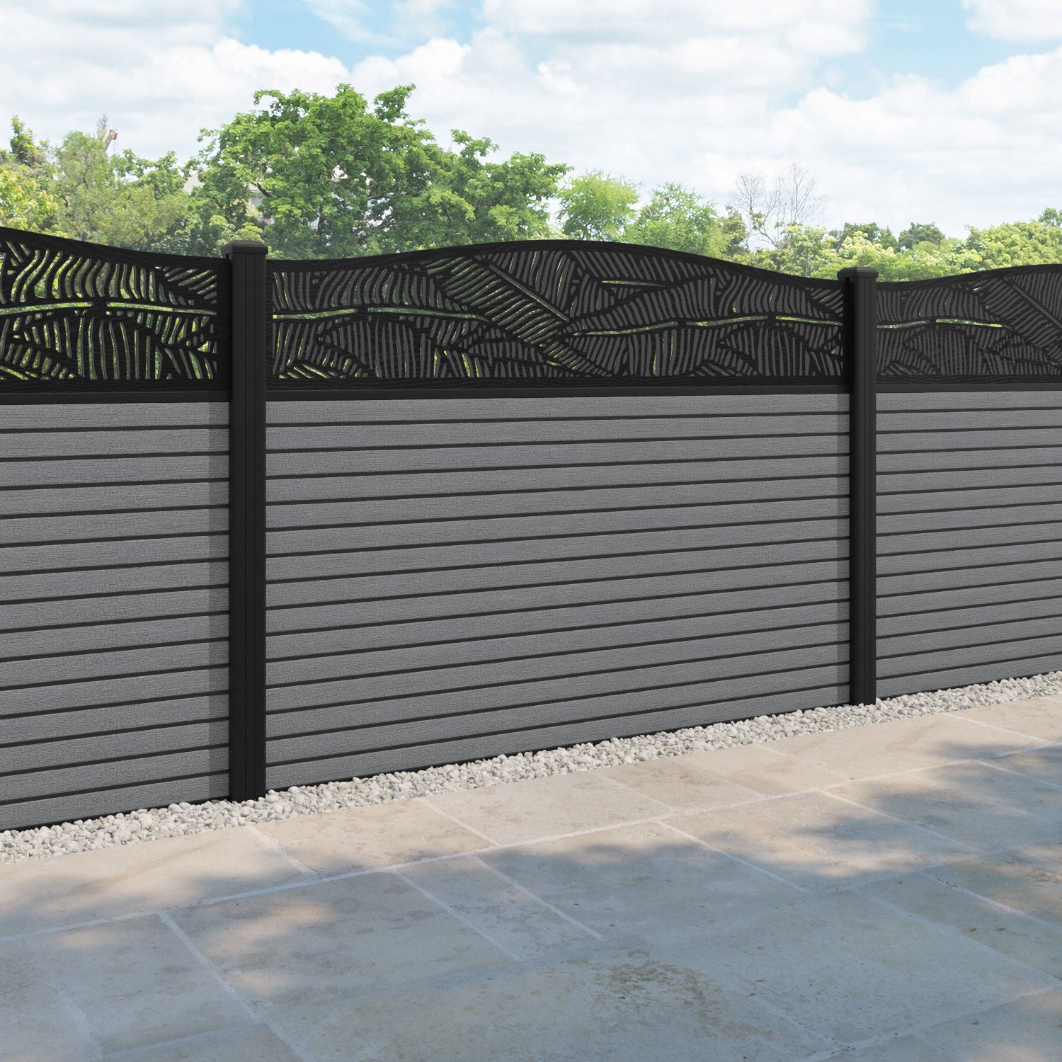 Hudson Feather Curved Top Fence Panel - Mid Grey - with our aluminium posts