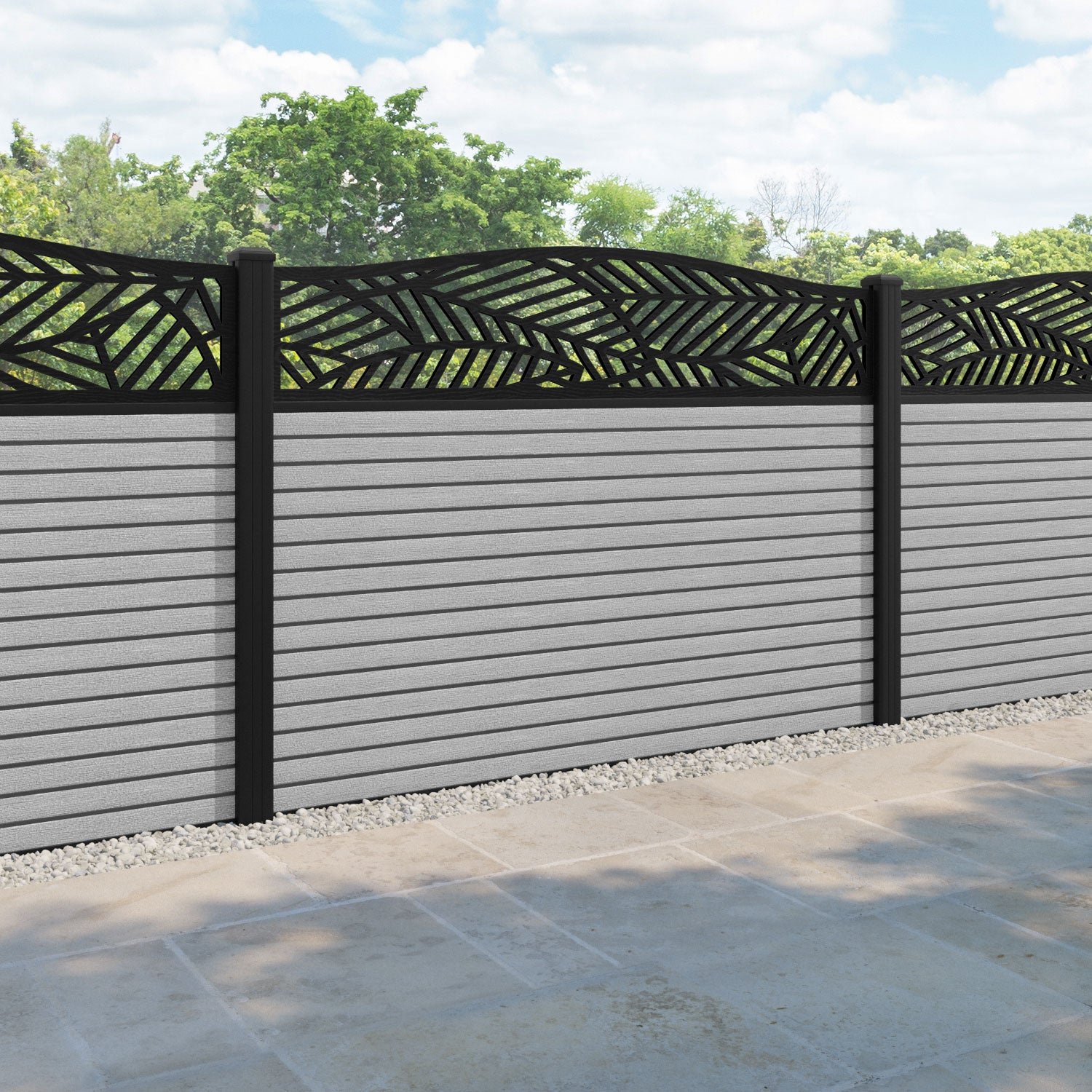 Hudson Habitat Curved Top Fence Panel - Light Grey - with our aluminium posts