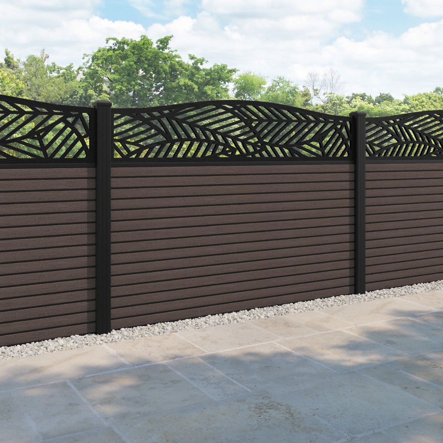 Hudson Habitat Curved Top Fence Panel - Mid Brown - with our aluminium posts