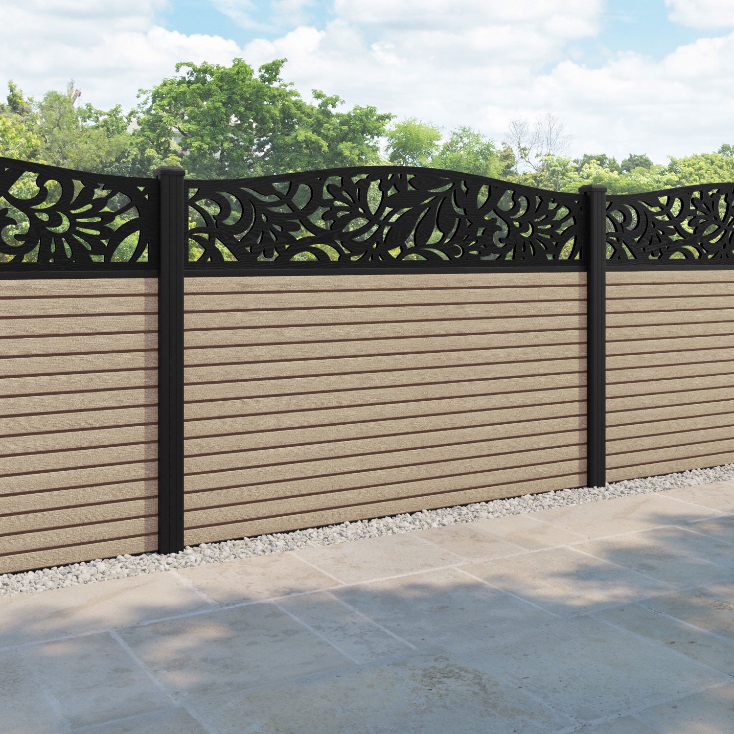Hudson Heritage Curved Top Fence Panel - Light Oak - with our aluminium posts