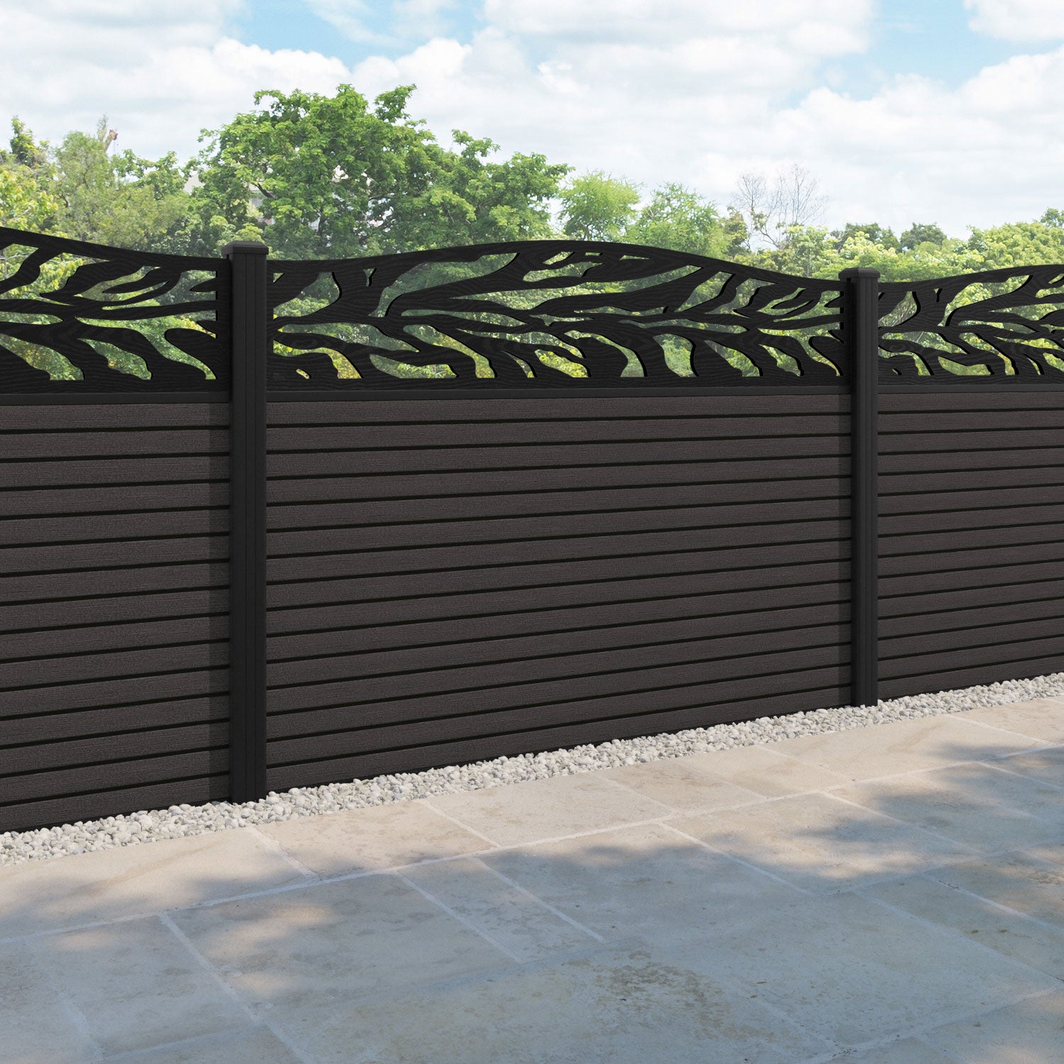 Hudson Malawi Curved Top Fence Panel - Dark Oak - with our aluminium posts