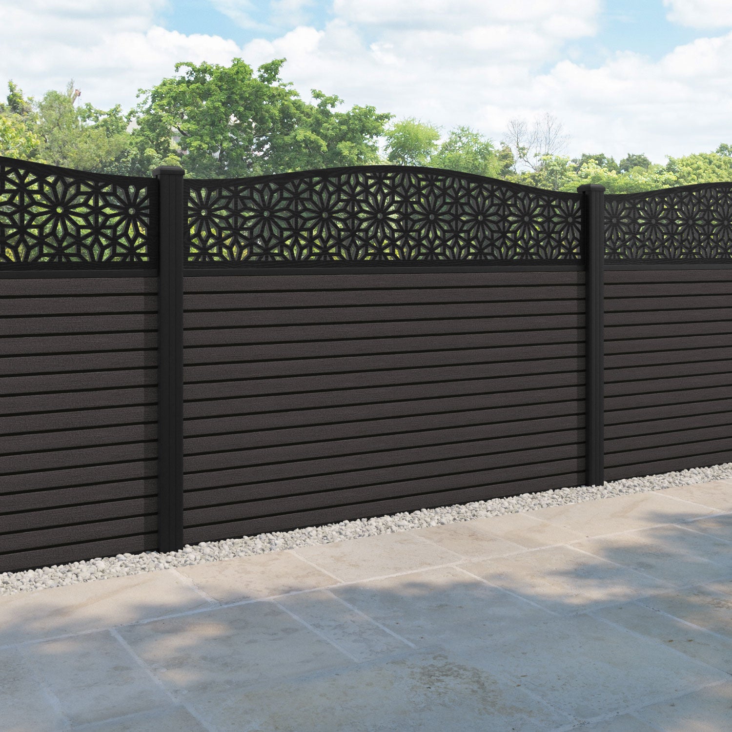 Hudson Narwa Curved Top Fence Panel - Dark Oak - with our aluminium posts