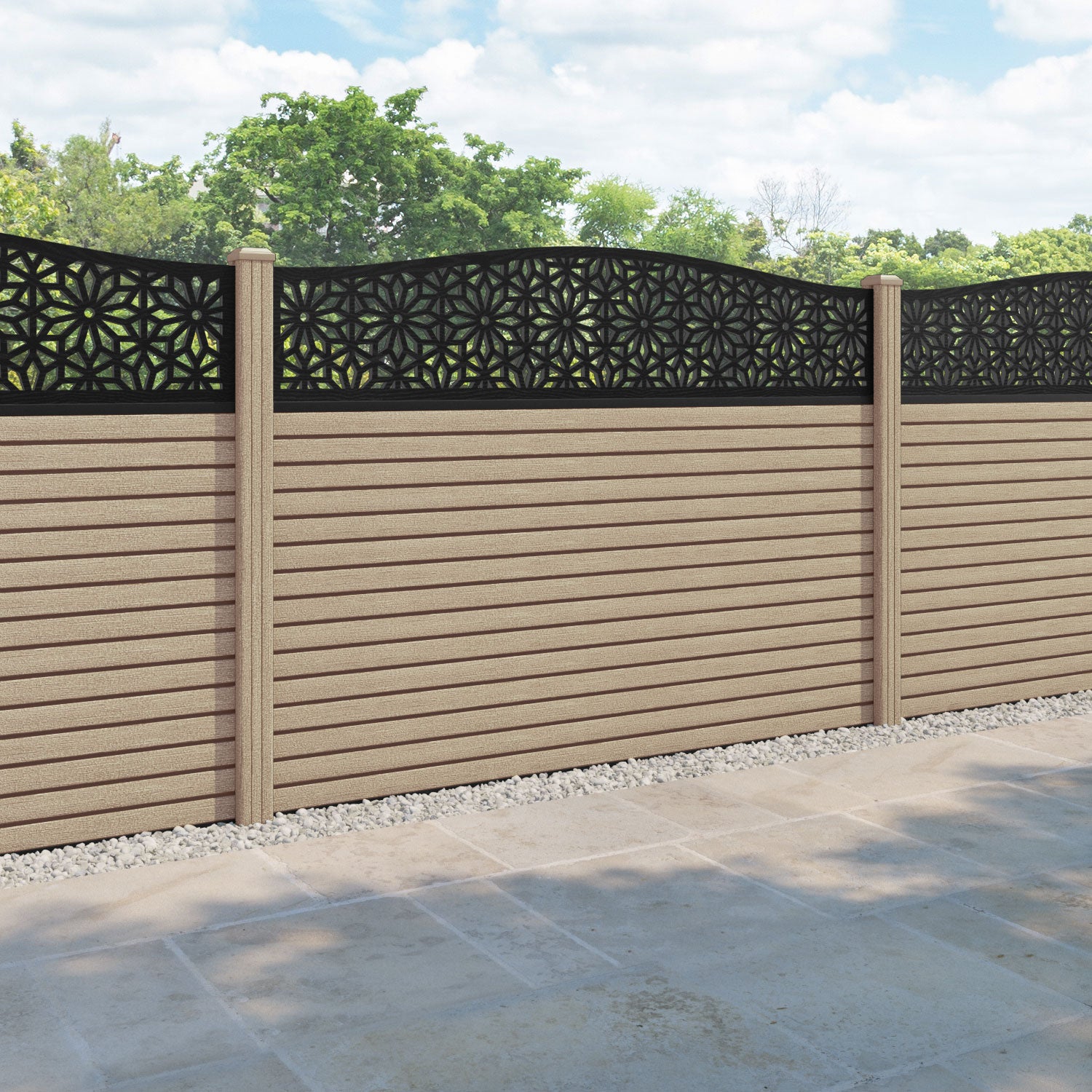 Hudson Narwa Curved Top Fence Panel - Light Oak - with our composite posts