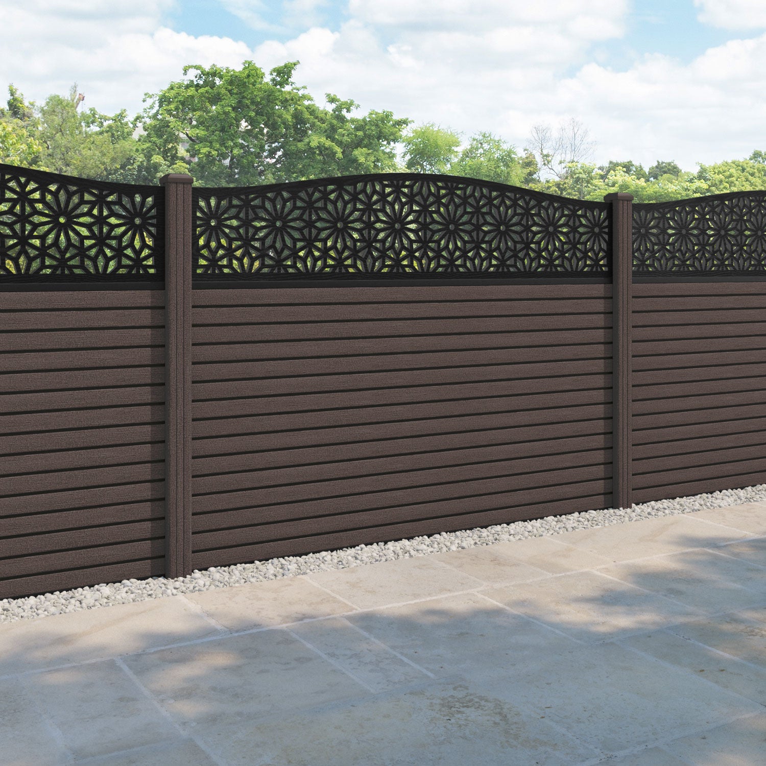 Hudson Narwa Curved Top Fence Panel - Mid Brown - with our composite posts