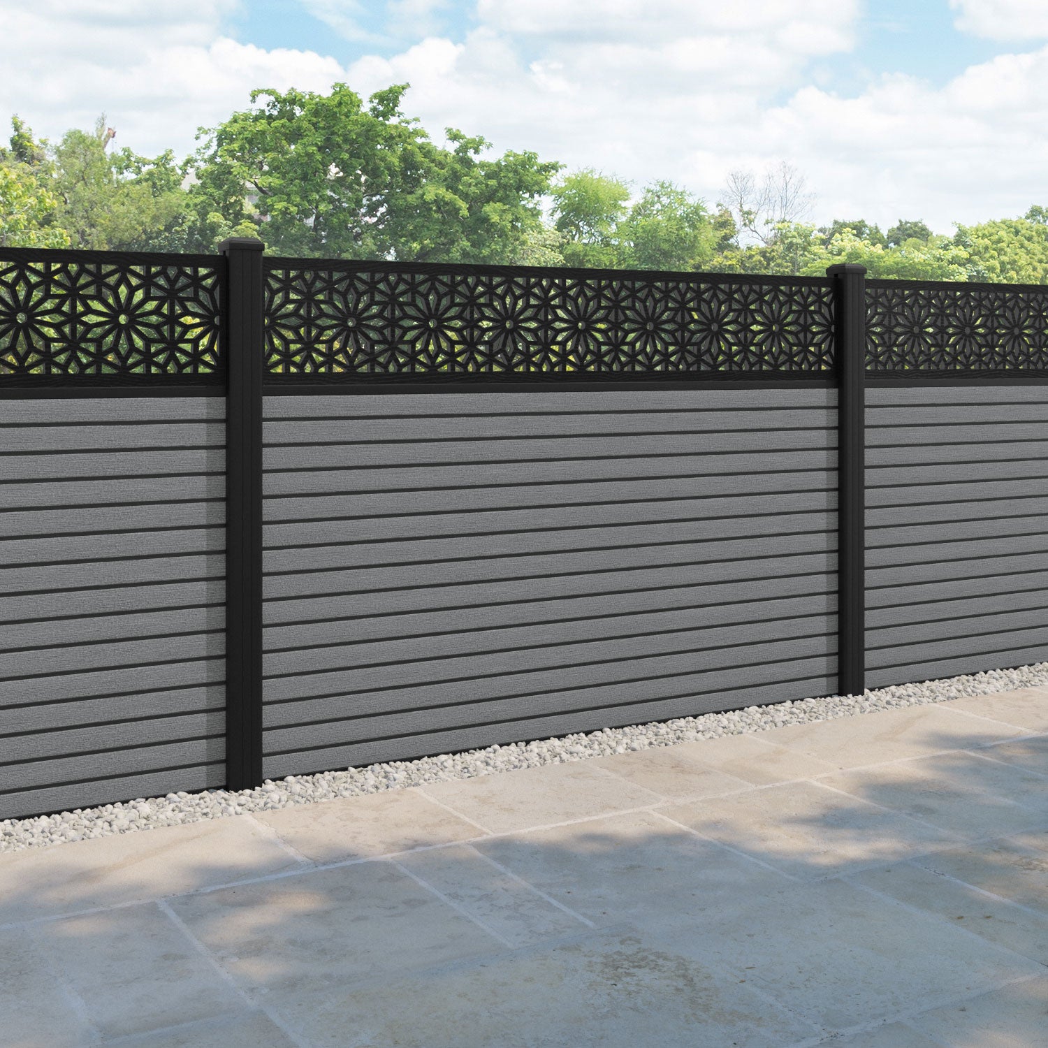 Hudson Narwa Fence Panel - Mid Grey - with our aluminium posts