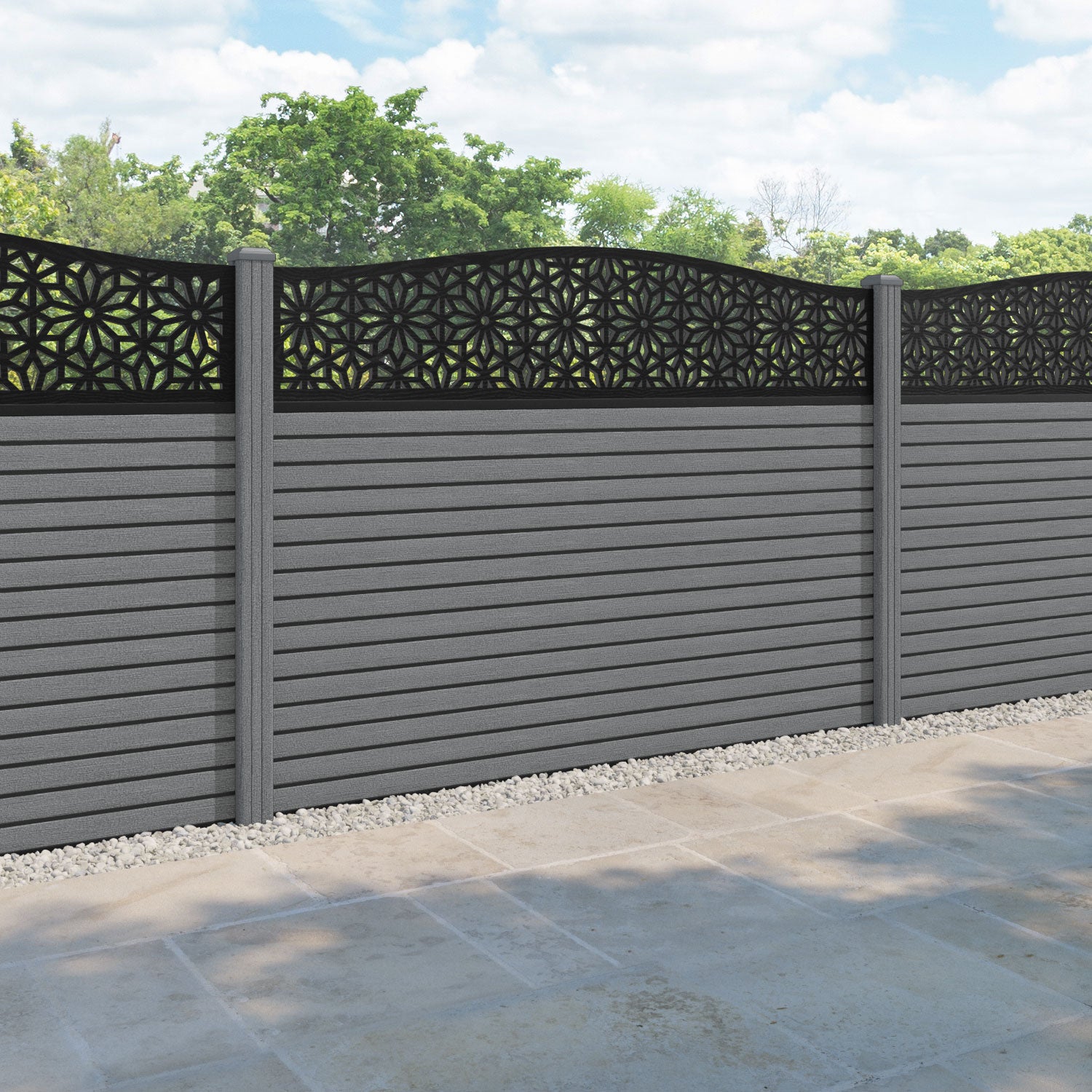 Hudson Narwa Curved Top Fence Panel - Mid Grey - with our composite posts