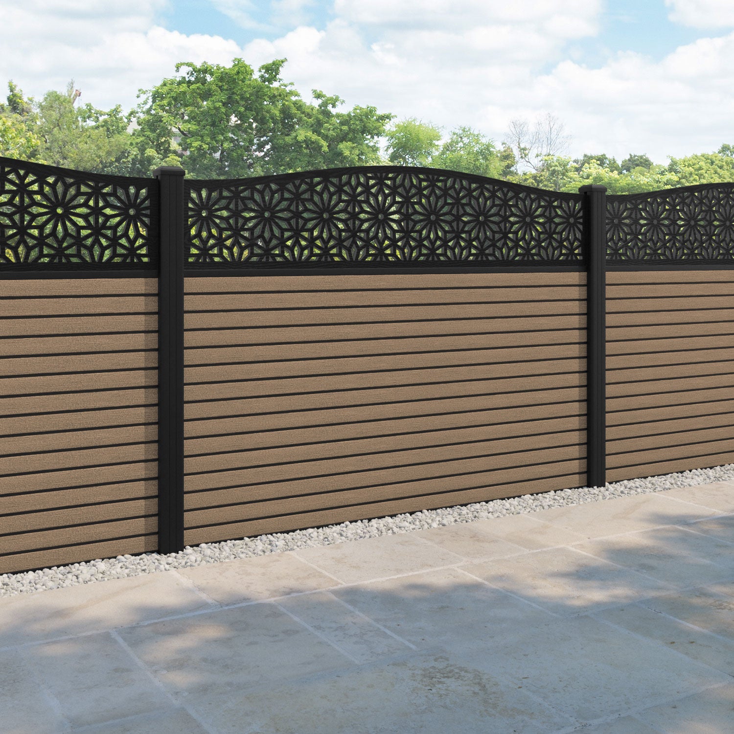 Hudson Narwa Curved Top Fence Panel - Teak - with our aluminium posts