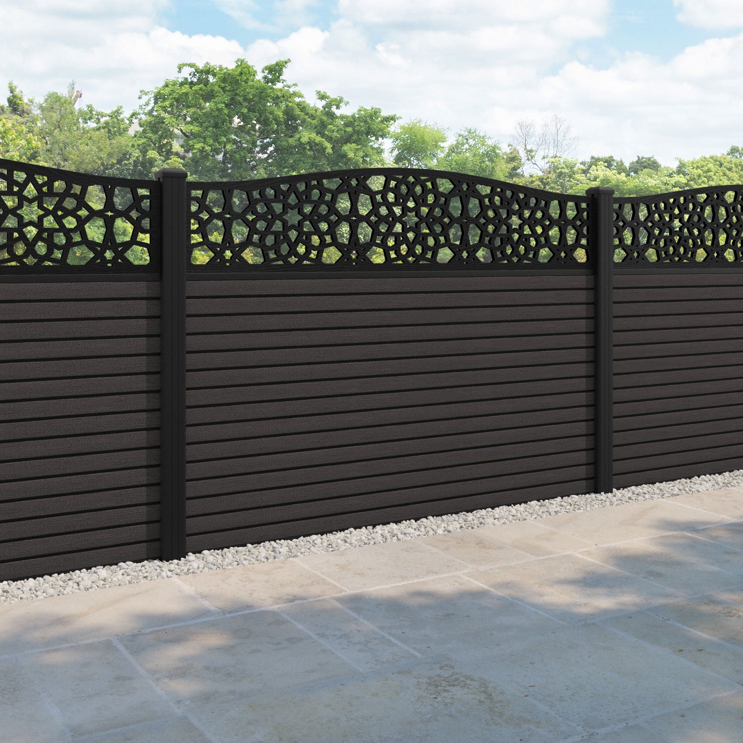 Hudson Nazira Curved Top Fence Panel - Dark Oak - with our aluminium posts