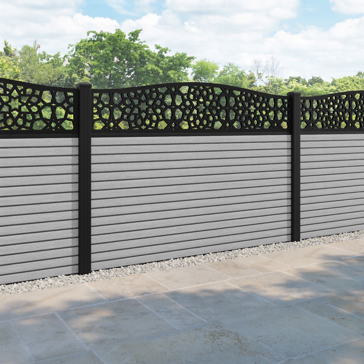 Hudson Nazira Curved Top Fence Panel - Light Grey - with our aluminium posts