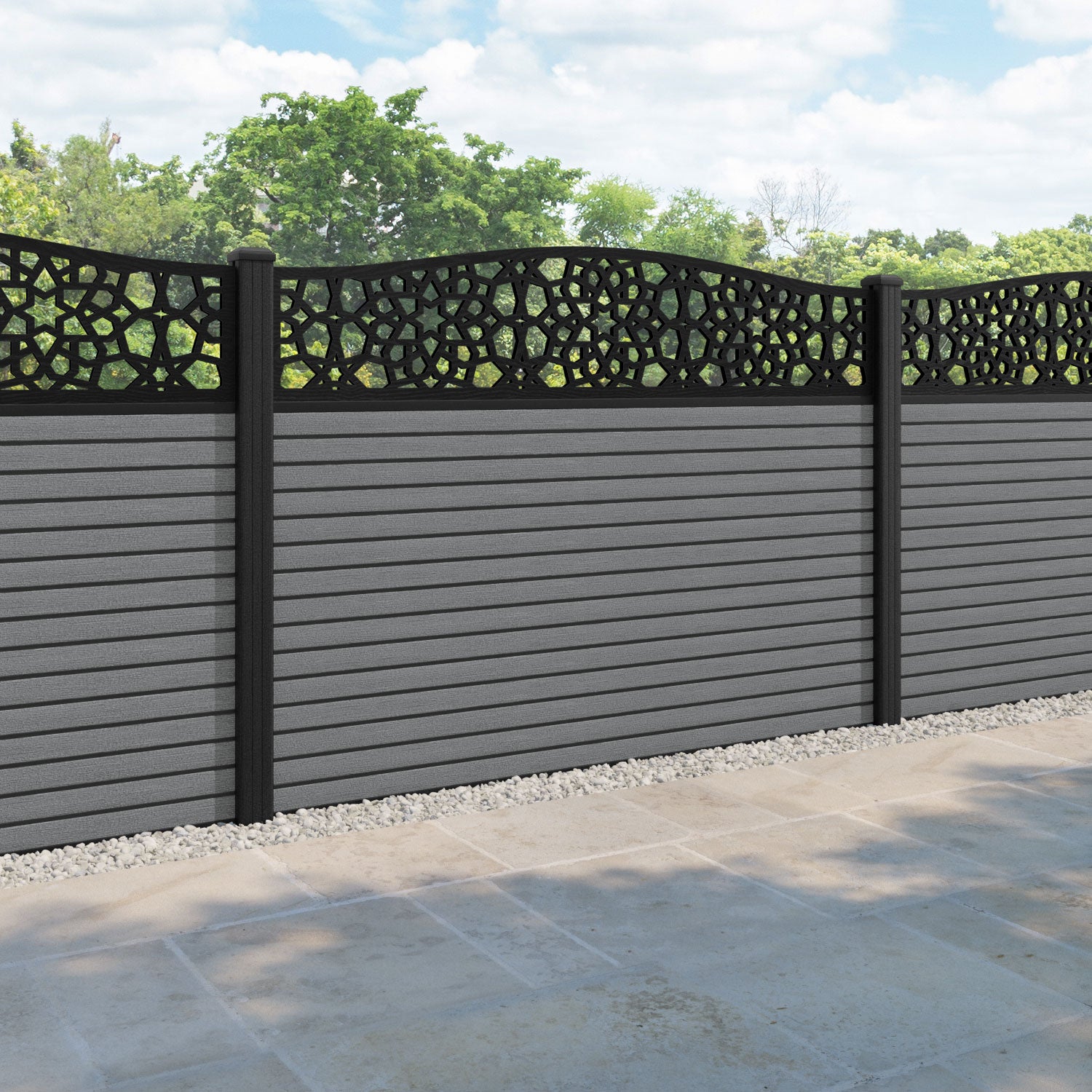 Hudson Nazira Curved Top Fence Panel - Mid Grey - with our composite posts