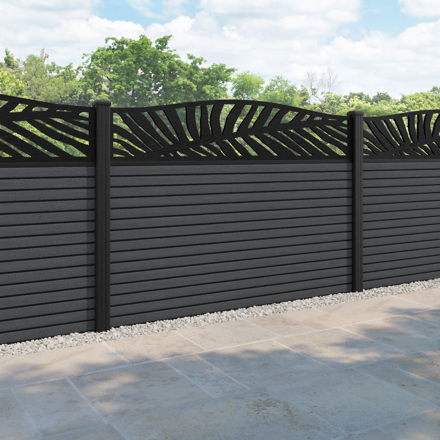 Hudson Palm Curved Top Fence Panel - Dark Grey - with our composite posts