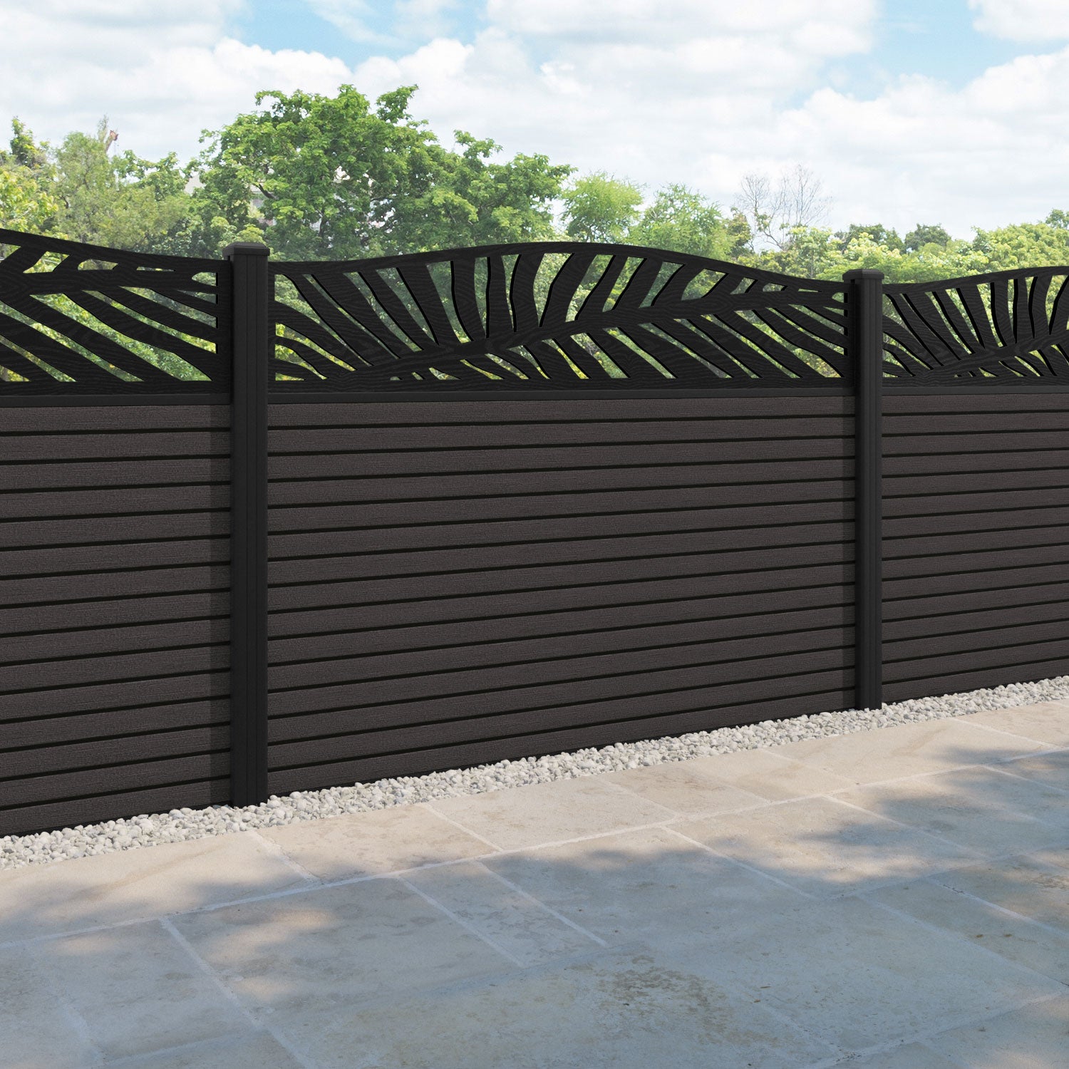 Hudson Palm Curved Top Fence Panel - Dark Oak - with our aluminium posts