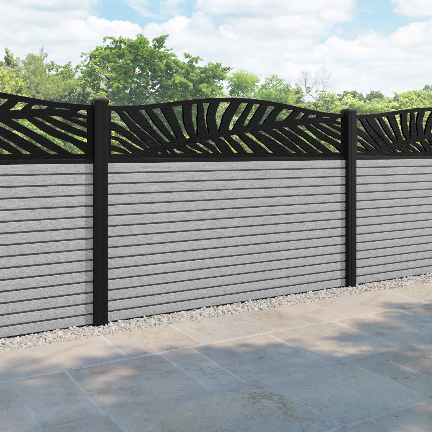 Hudson Palm Curved Top Fence Panel - Light Grey - with our aluminium posts