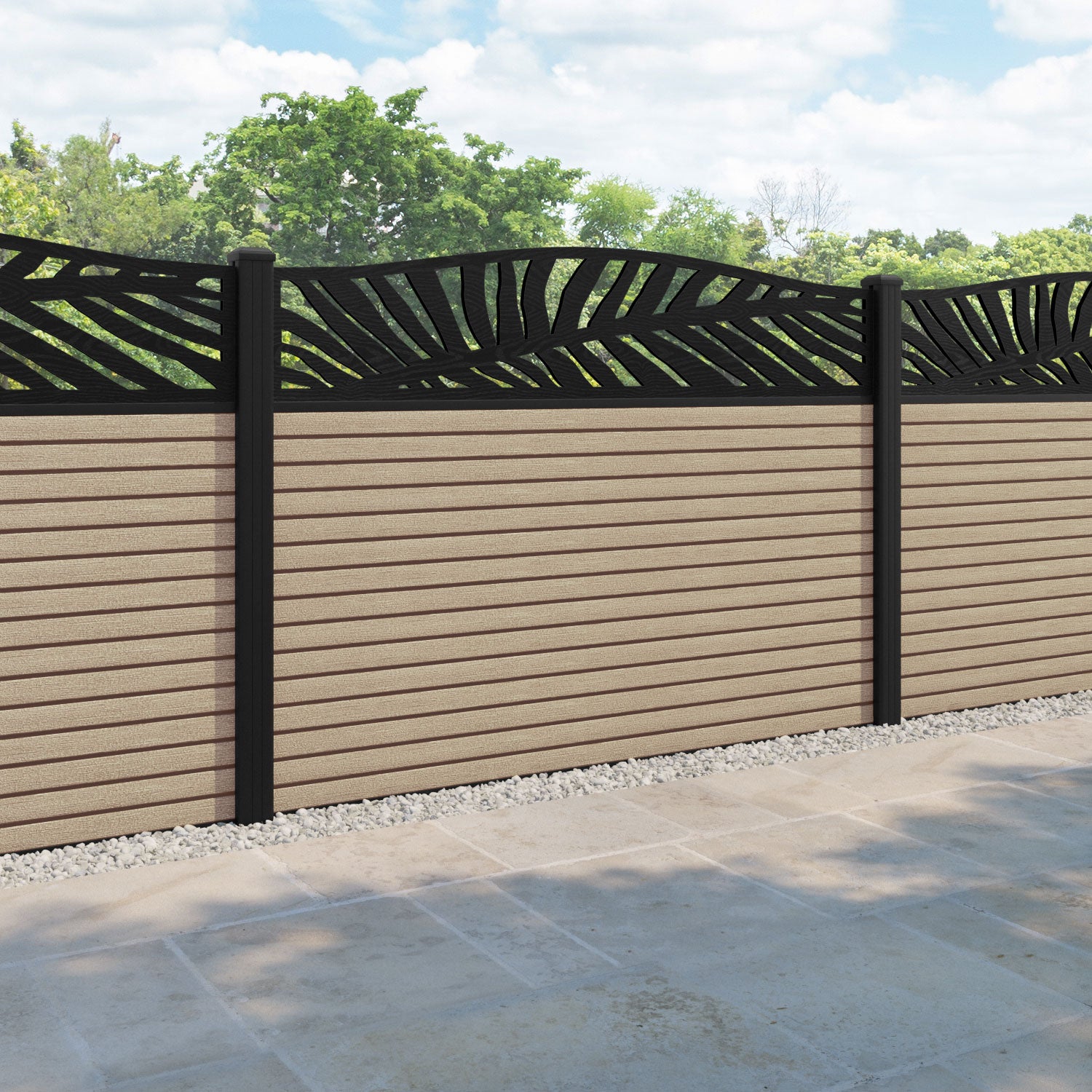 Hudson Palm Curved Top Fence Panel - Light Oak - with our aluminium posts