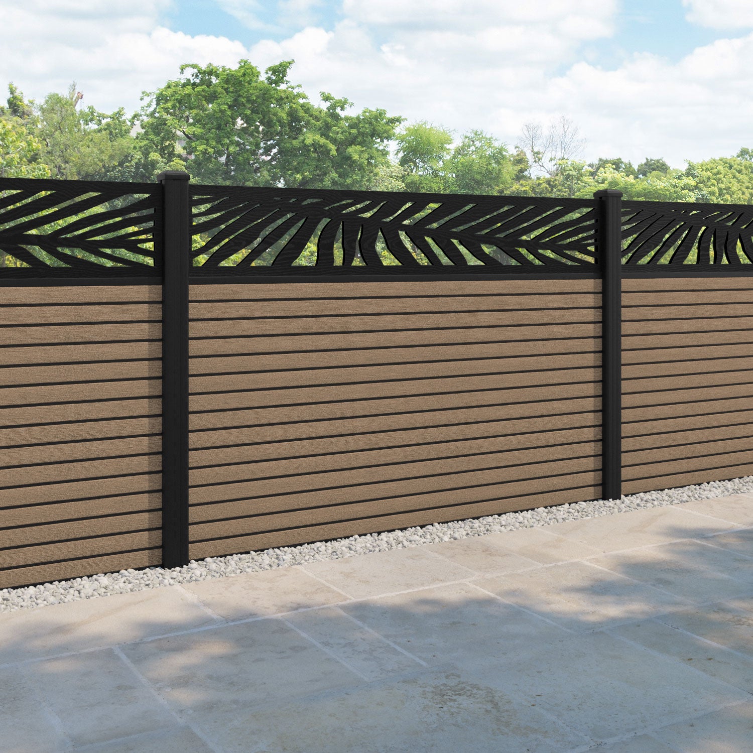 Hudson Palm Fence Panel - Teak - with our aluminium posts