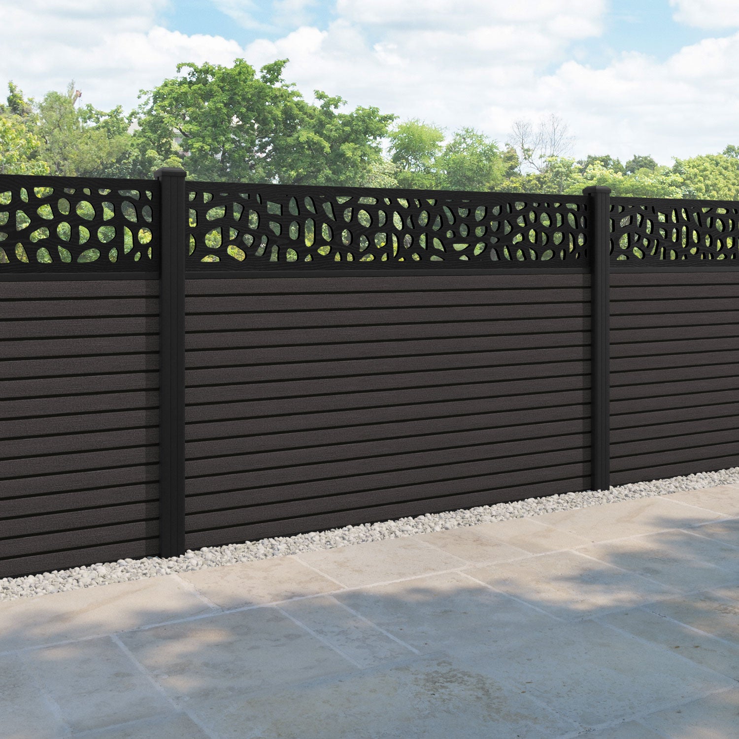 Hudson Pebble Fence Panel - Dark Oak - with our aluminium posts