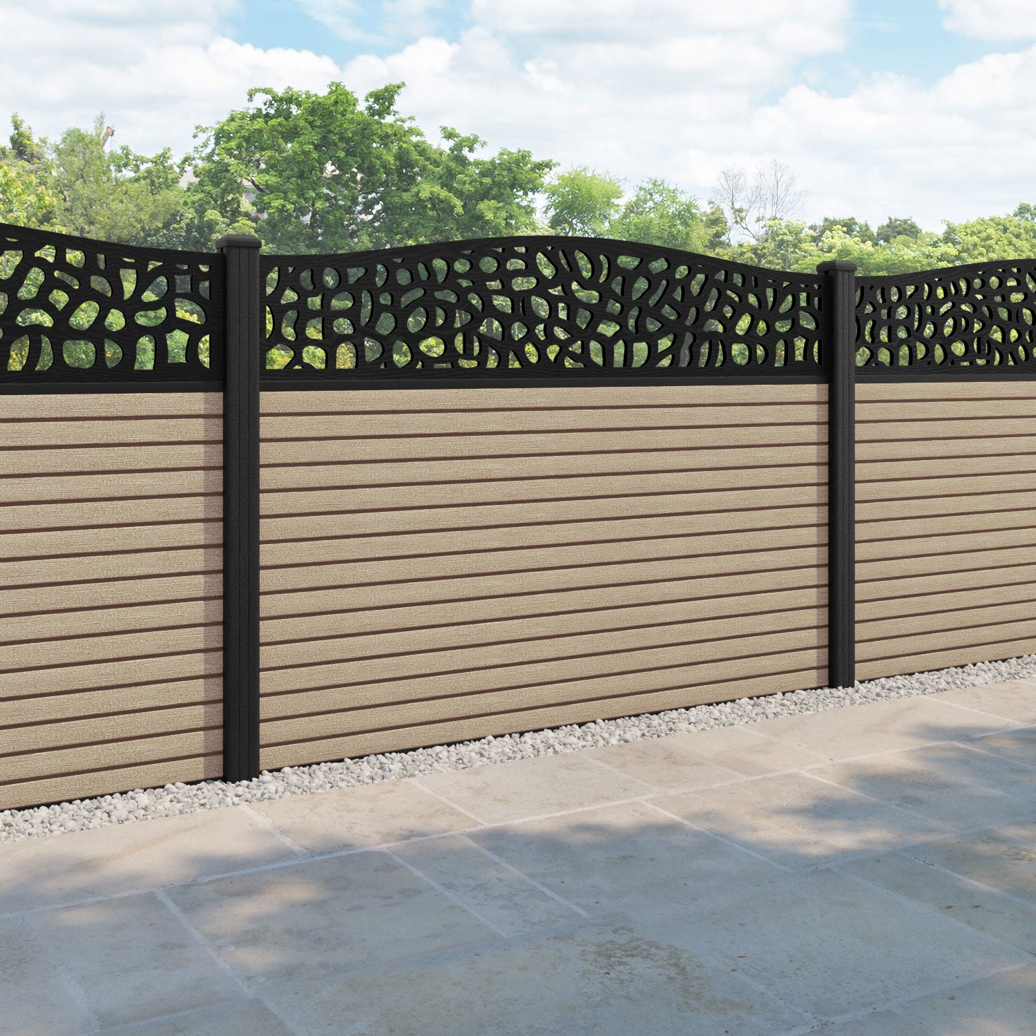 Hudson Pebble Curved Top Fence Panel - Light Oak - with our composite posts