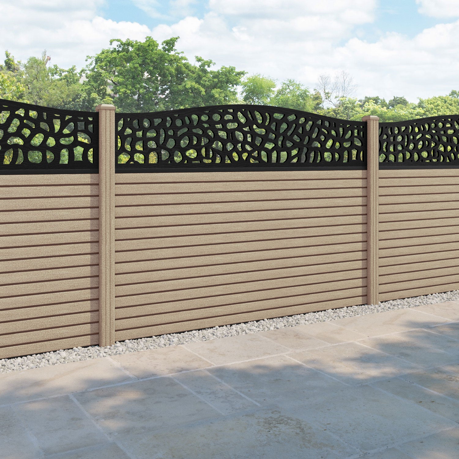 Hudson Pebble Curved Top Fence Panel - Light Oak - with our composite posts