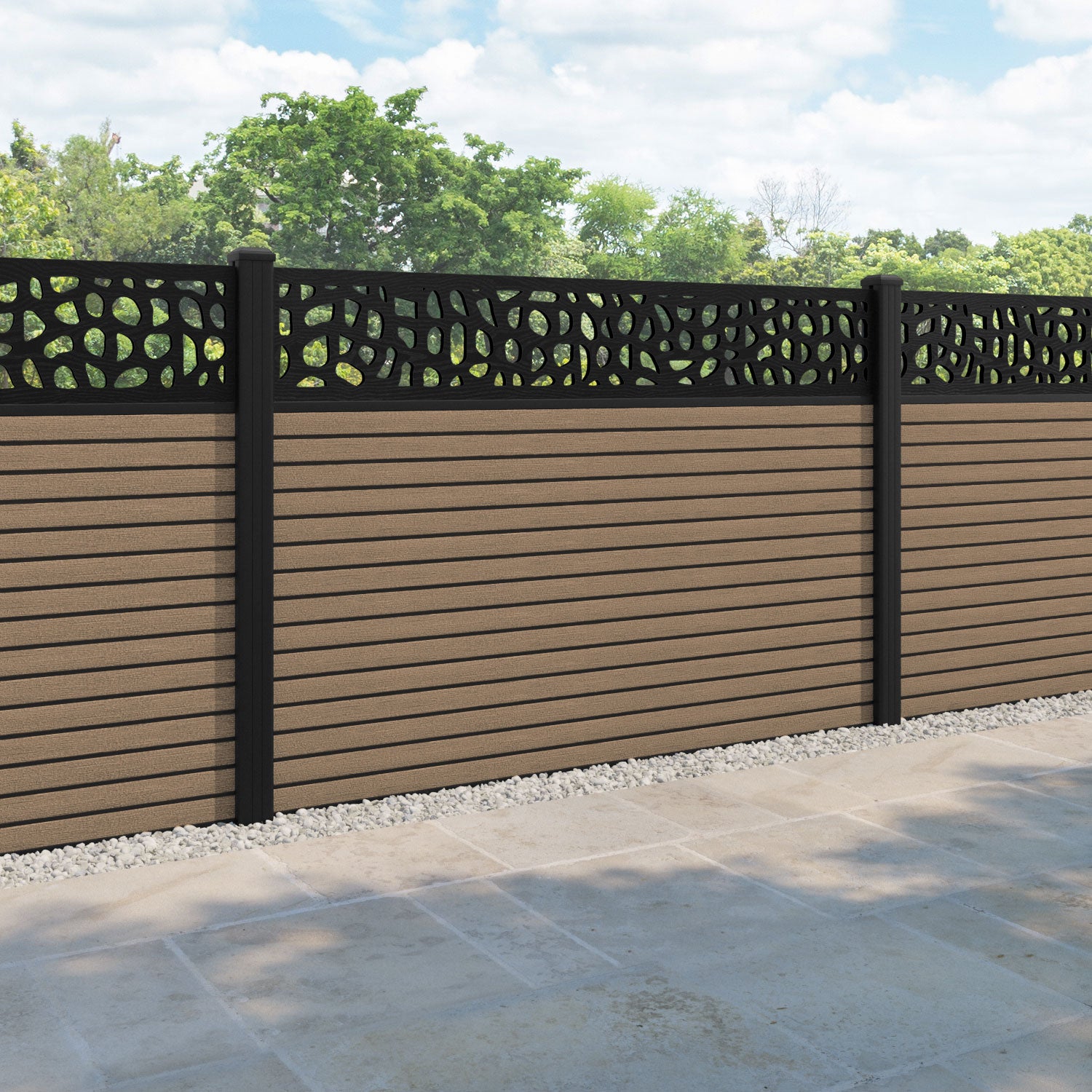 Hudson Pebble Fence Panel - Teak - with our aluminium posts