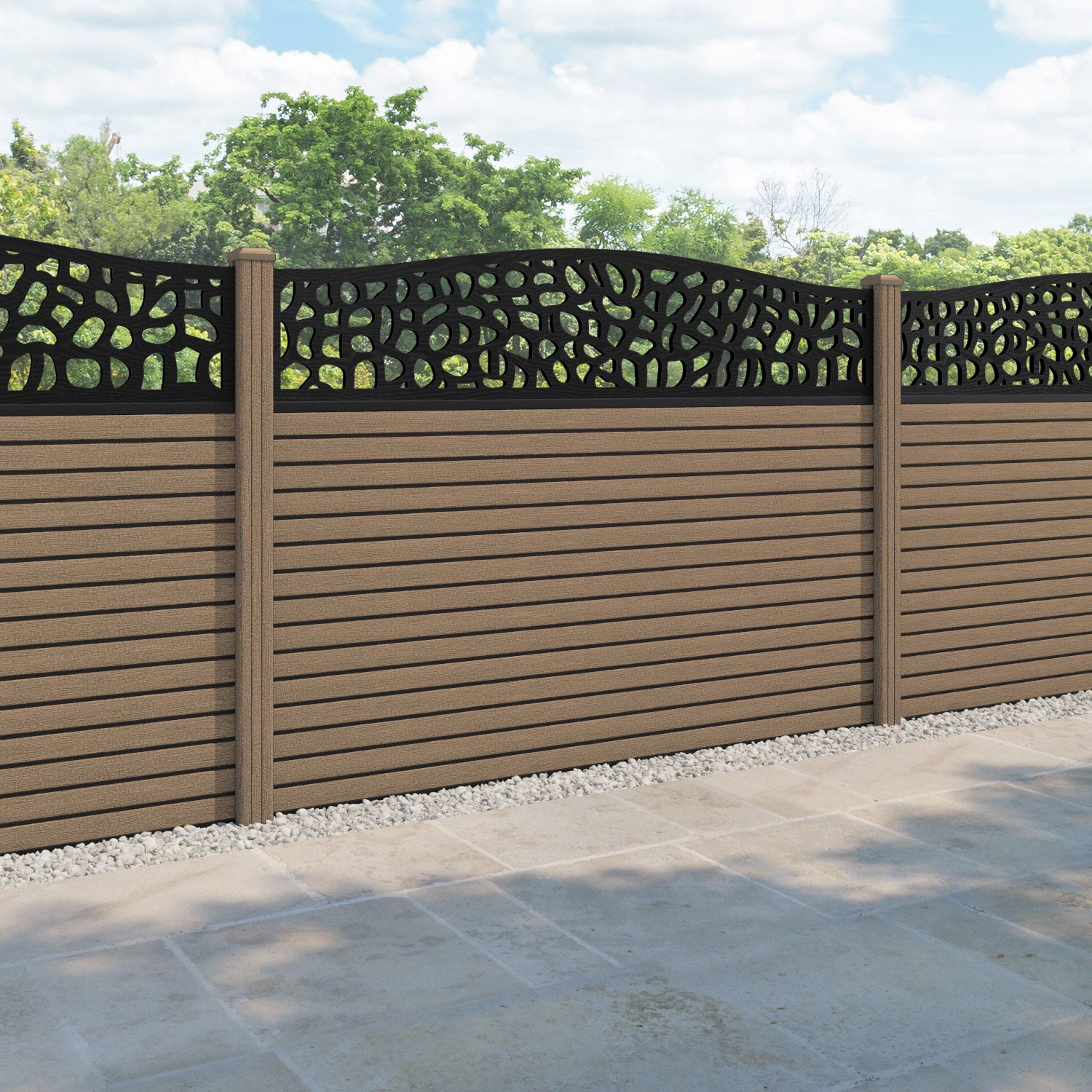 Hudson Pebble Curved Top Fence Panel - Teak - with our composite posts
