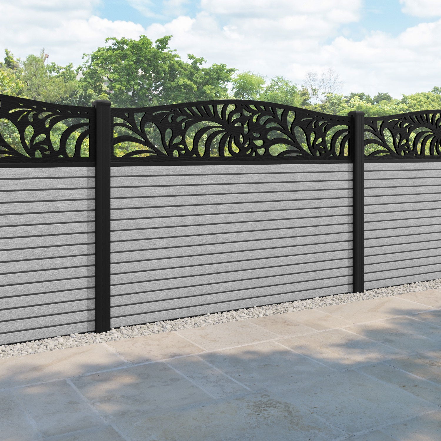 Hudson Petal Curved Top Fence Panel - Light Grey - with our aluminium posts