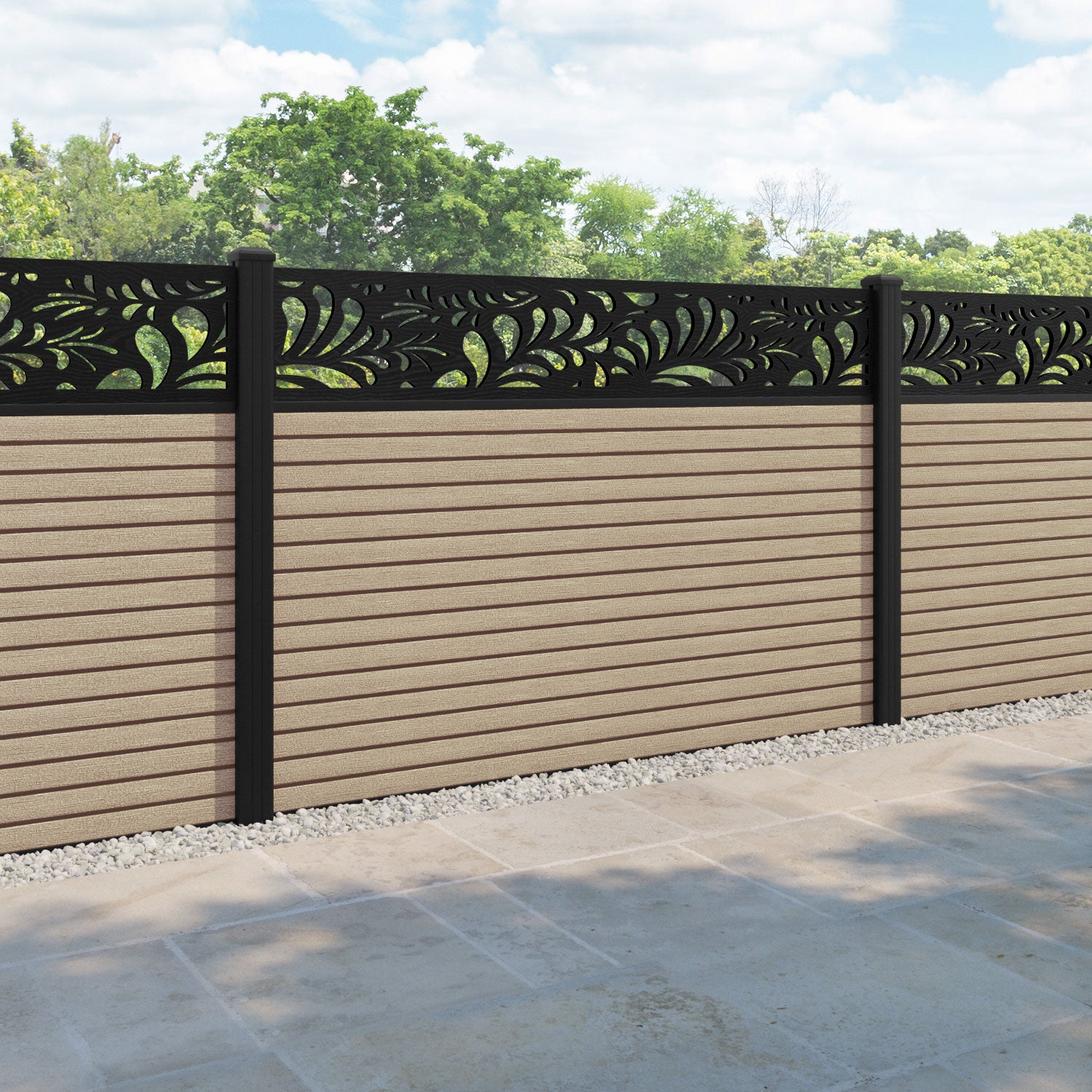 Hudson Petal Fence Panel - Light Oak - with our aluminium posts