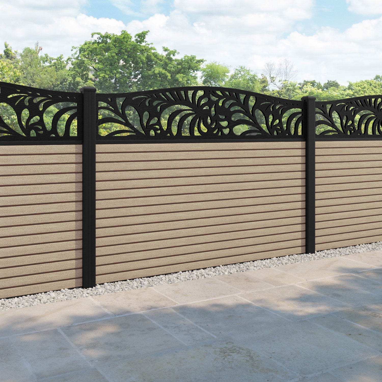 Hudson Petal Curved Top Fence Panel - Light Oak - with our aluminium posts