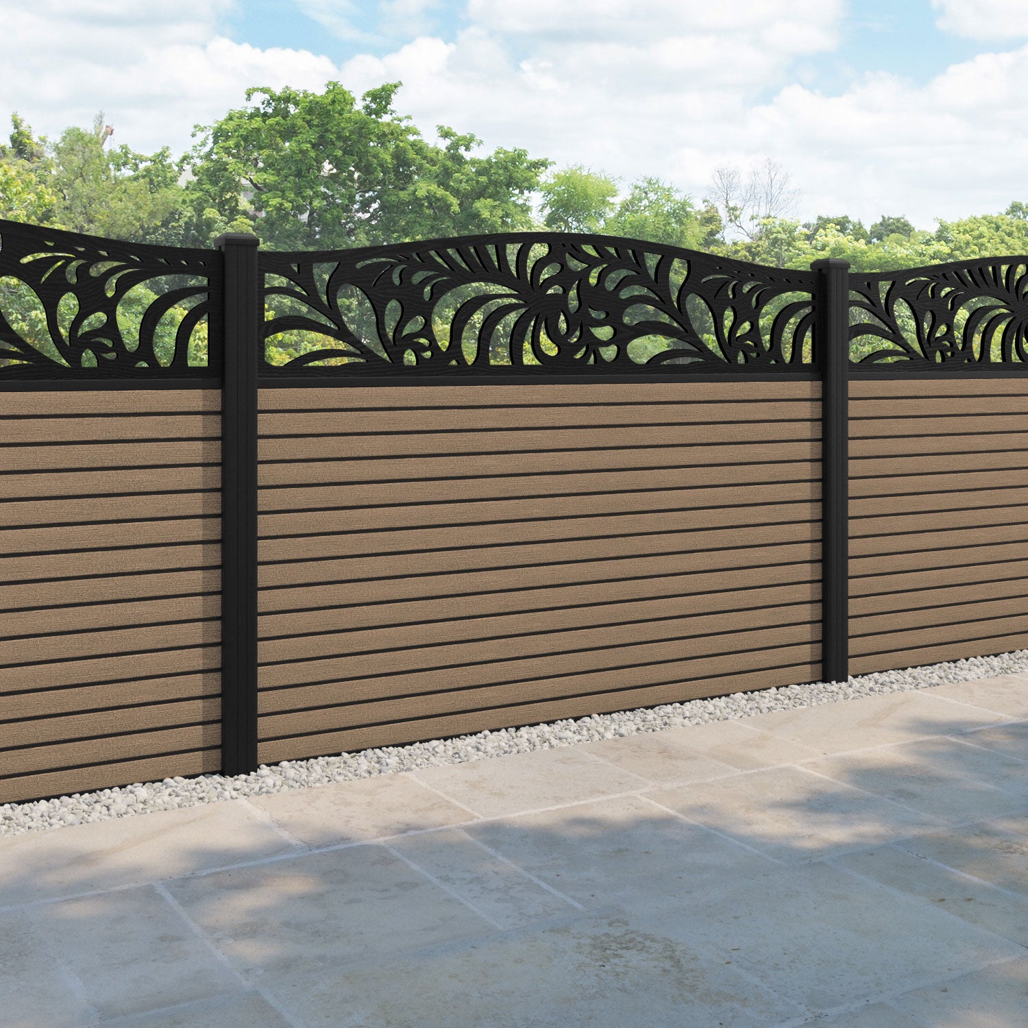 Hudson Petal Curved Top Fence Panel - Teak - with our aluminium posts