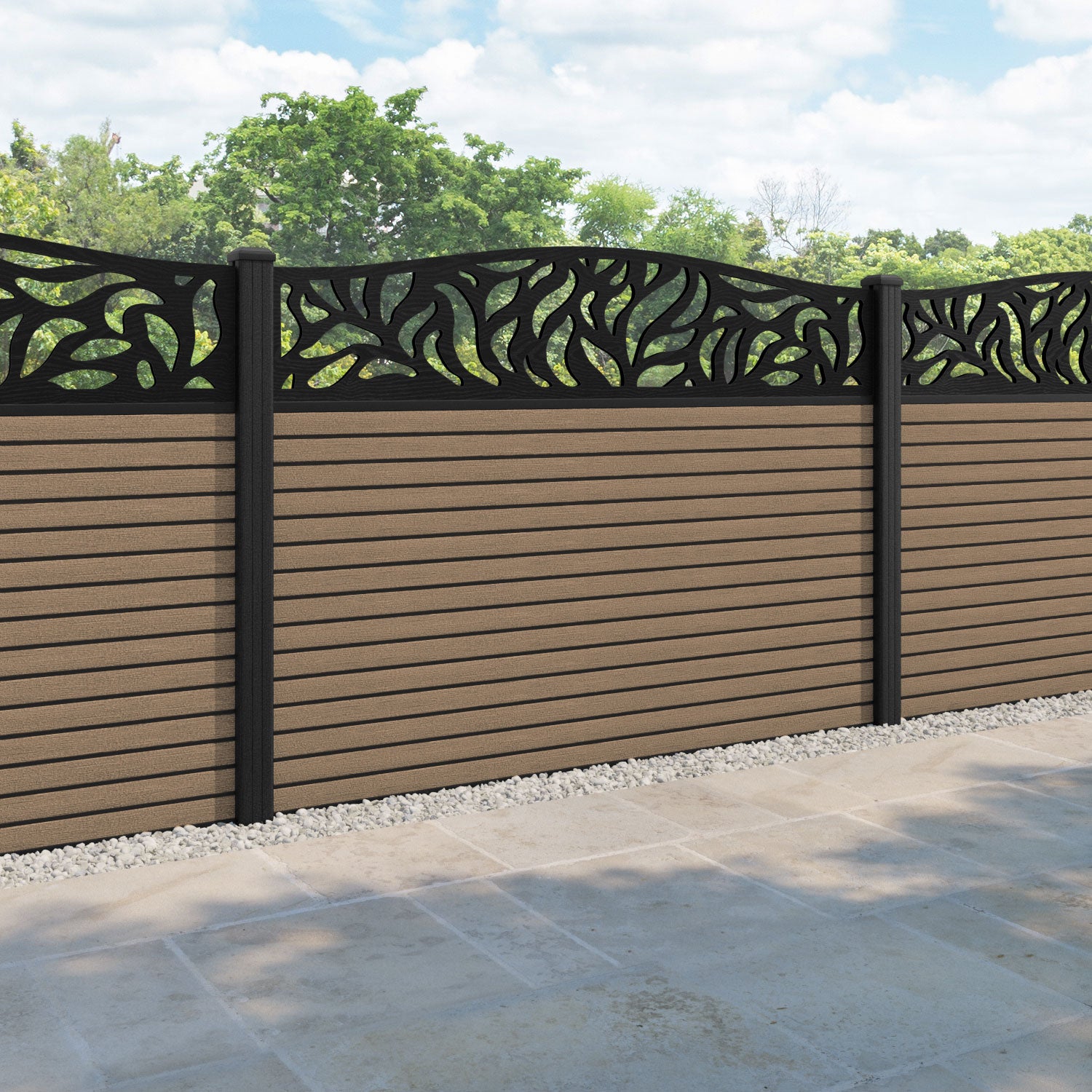 Hudson Plume Curved Top Fence Panel - Teak - with our composite posts