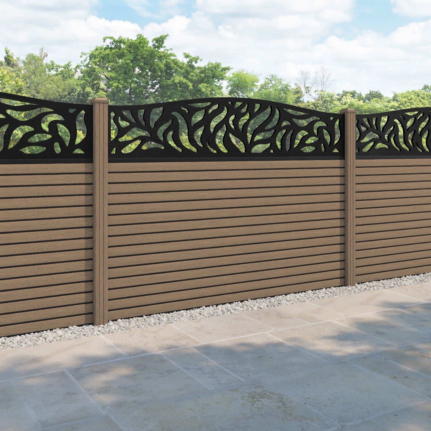 Hudson Plume Curved Top Fence Panel - Teak - with our composite posts
