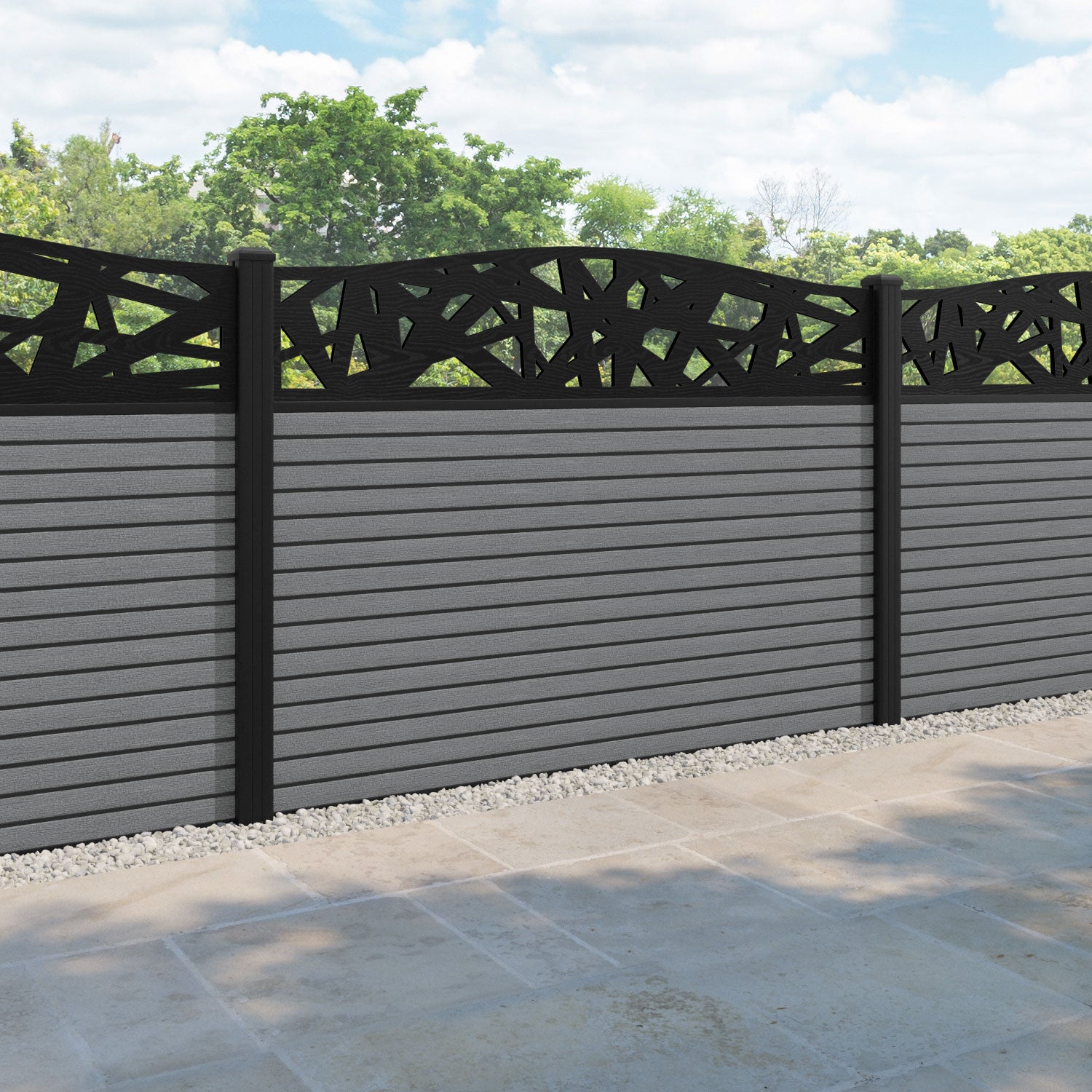 Hudson Prism Curved Top Fence Panel - Mid Grey - with our aluminium posts