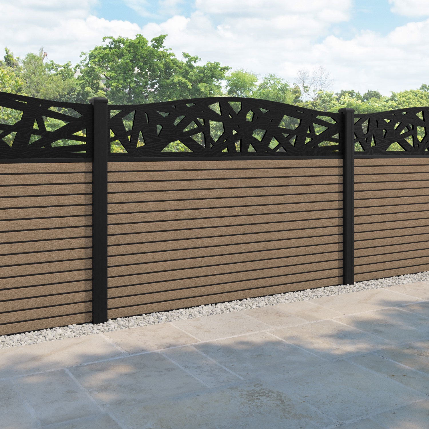 Hudson Prism Curved Top Fence Panel - Teak - with our aluminium posts