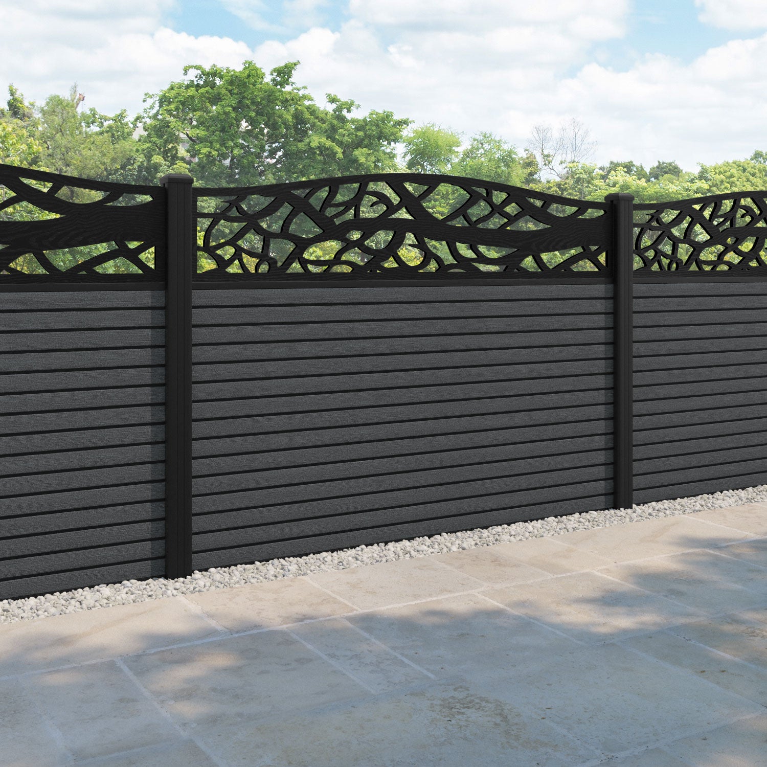 Hudson Twilight Curved Top Fence Panel - Dark Grey - with our aluminium posts