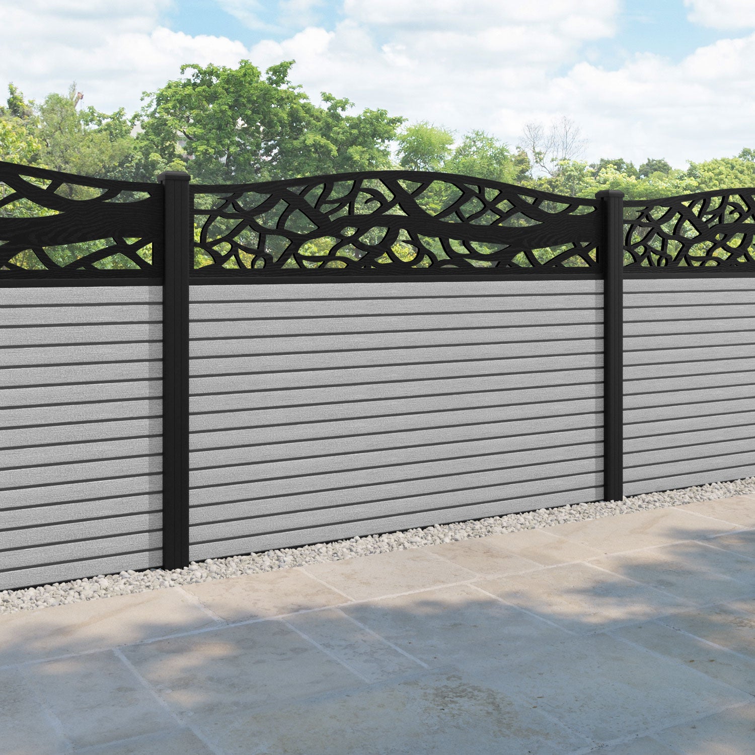 Hudson Twilight Curved Top Fence Panel - Light Grey - with our aluminium posts