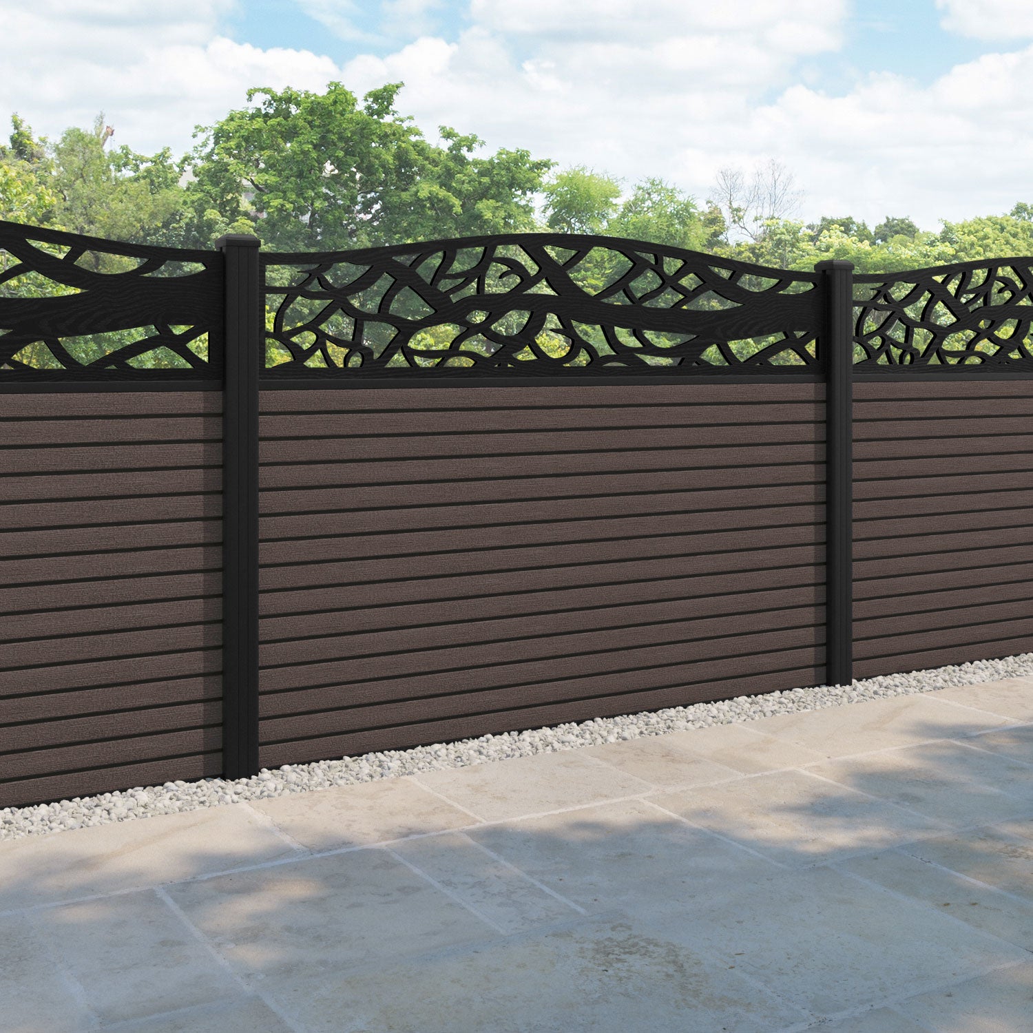 Hudson Twilight Curved Top Fence Panel - Mid Brown - with our aluminium posts