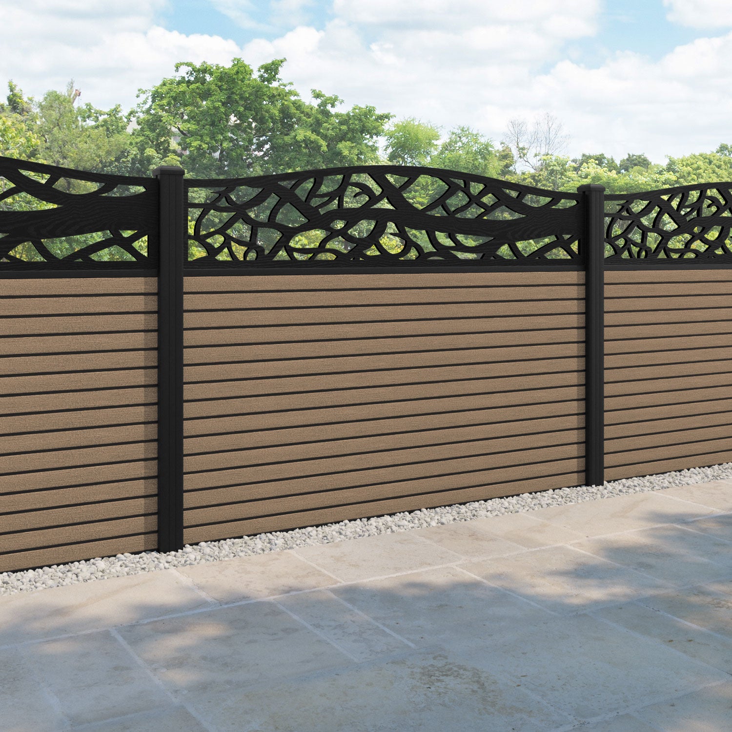 Hudson Twilight Curved Top Fence Panel - Teak - with our aluminium posts