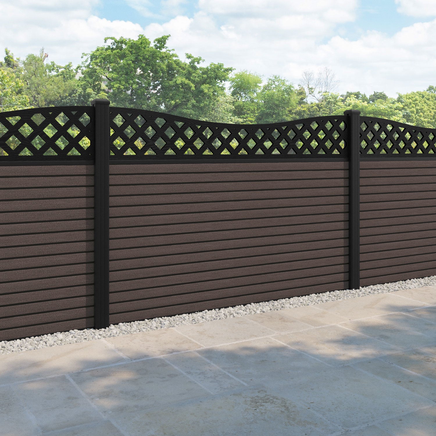 Hudson Low Wave Fence Panel - Mid Brown - with our aluminium posts