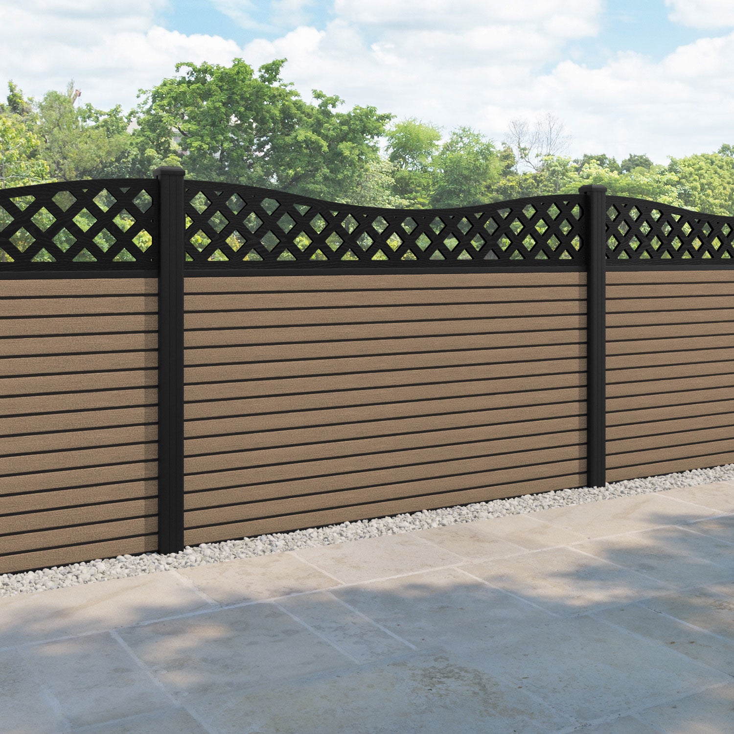 Hudson Low Wave Fence Panel - Teak - with our aluminium posts